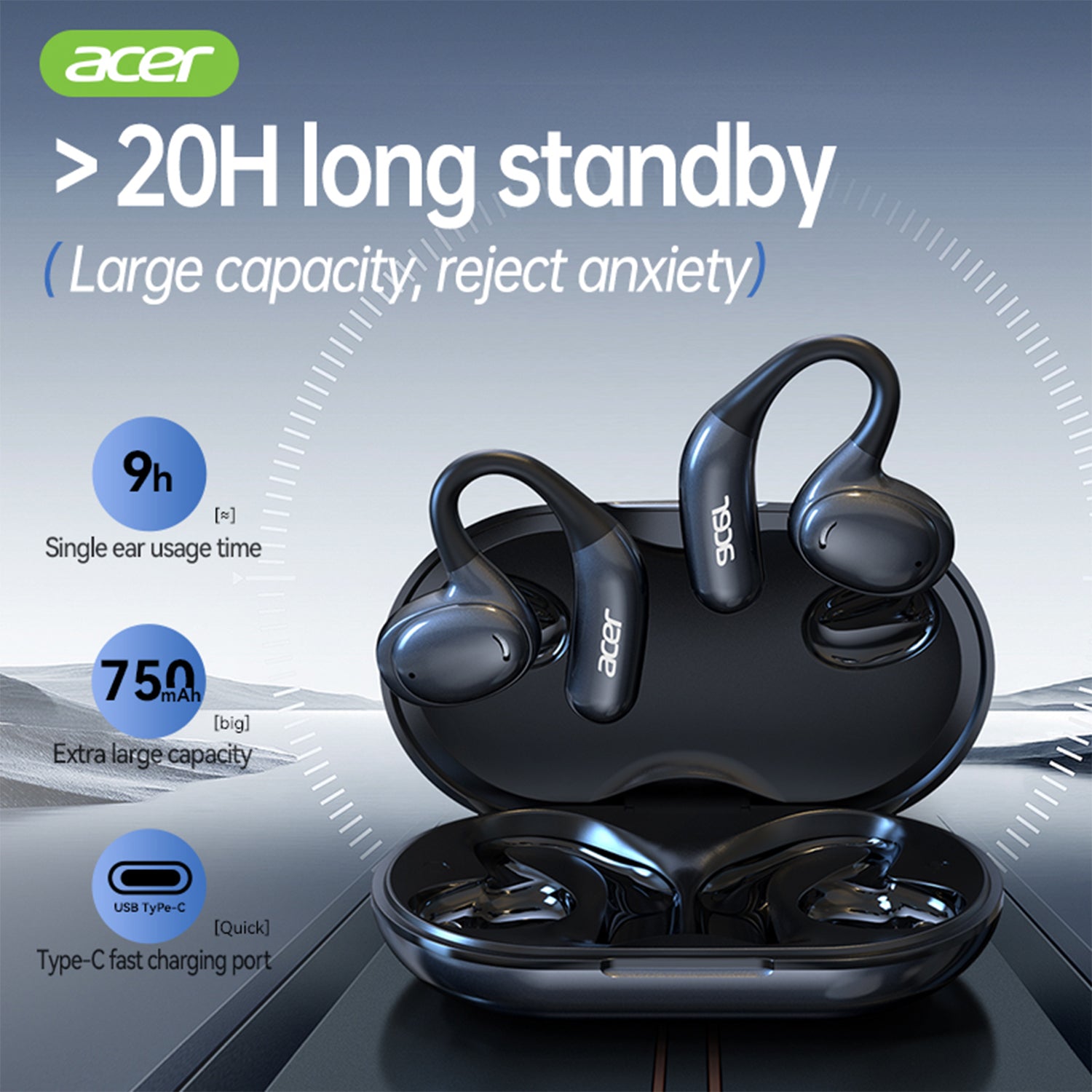 Acer OHR539 Wireless Earbuds Hanging Ear Sports Running Sweat Proof High Quality HIFI Audiophile Headphones