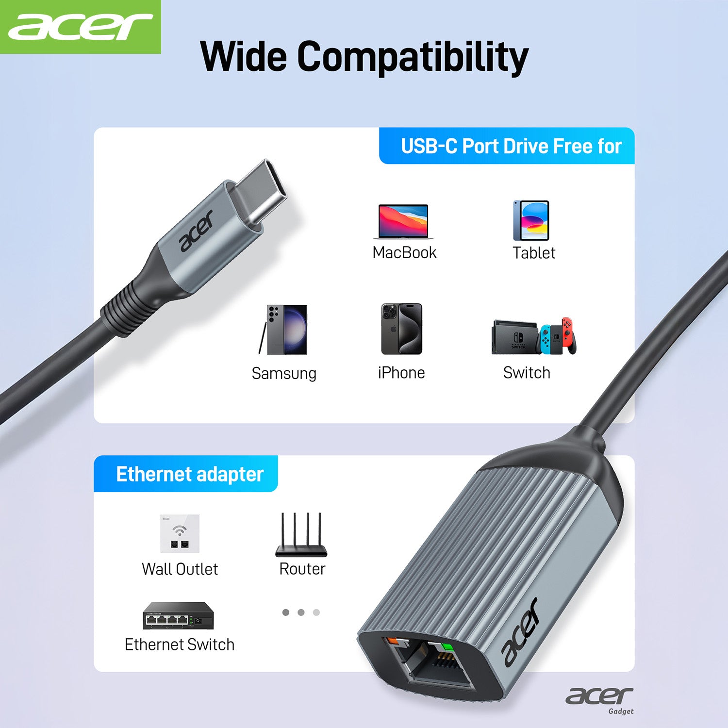 Acer Dock_option ODK440 Acer USB C to Ethernet Adapter, RJ45 to Type C Ethernet Converter(Thunderbolt 3/4 Compatible), 1Gbps Aluminum USB-C LAN Adapter