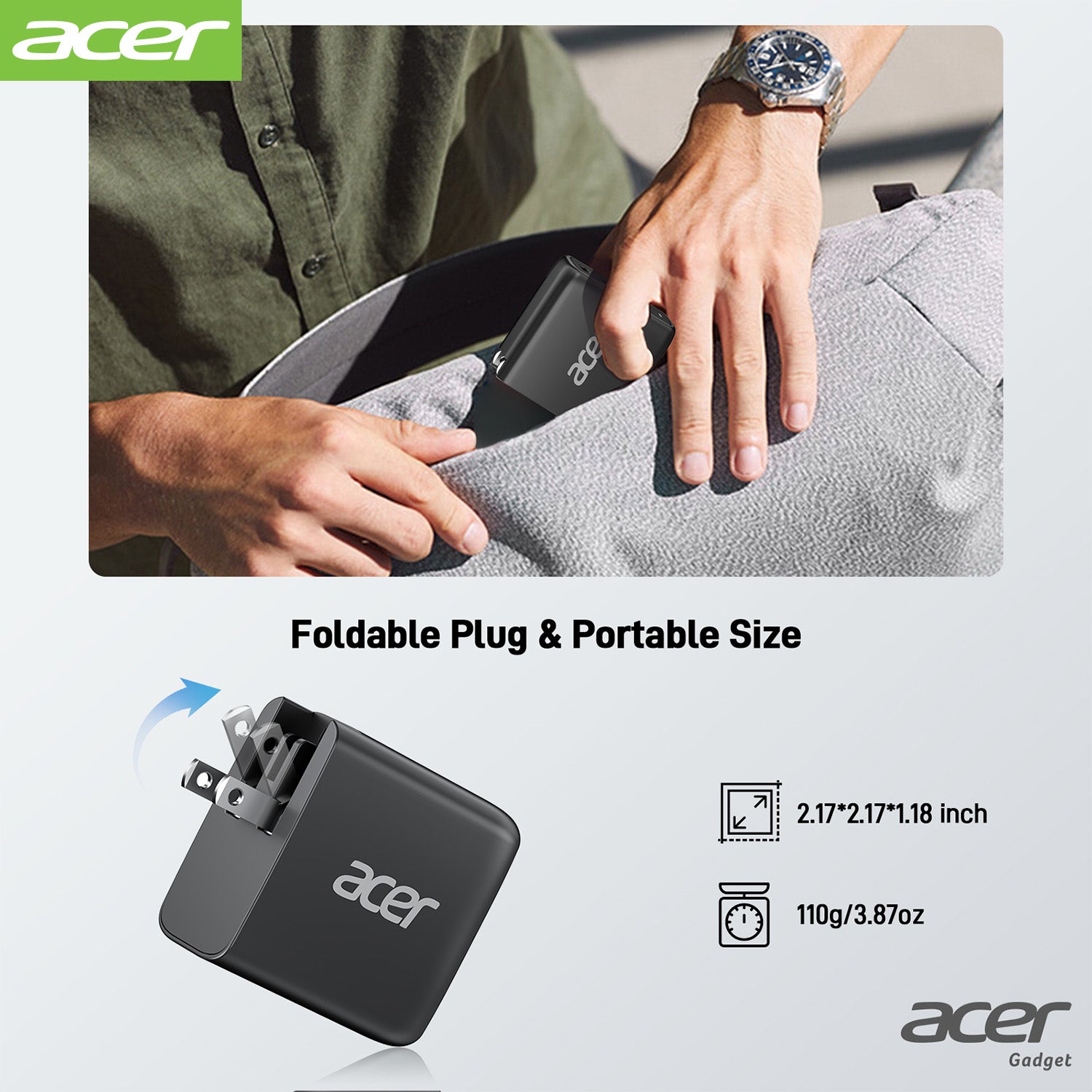 Acer OPD104 Acer 67W USB C Charger, 3-Port GaN Fast Charging Block, USB-C*2, USB*1, Foldable and Portable USB Wall Plug Adapter