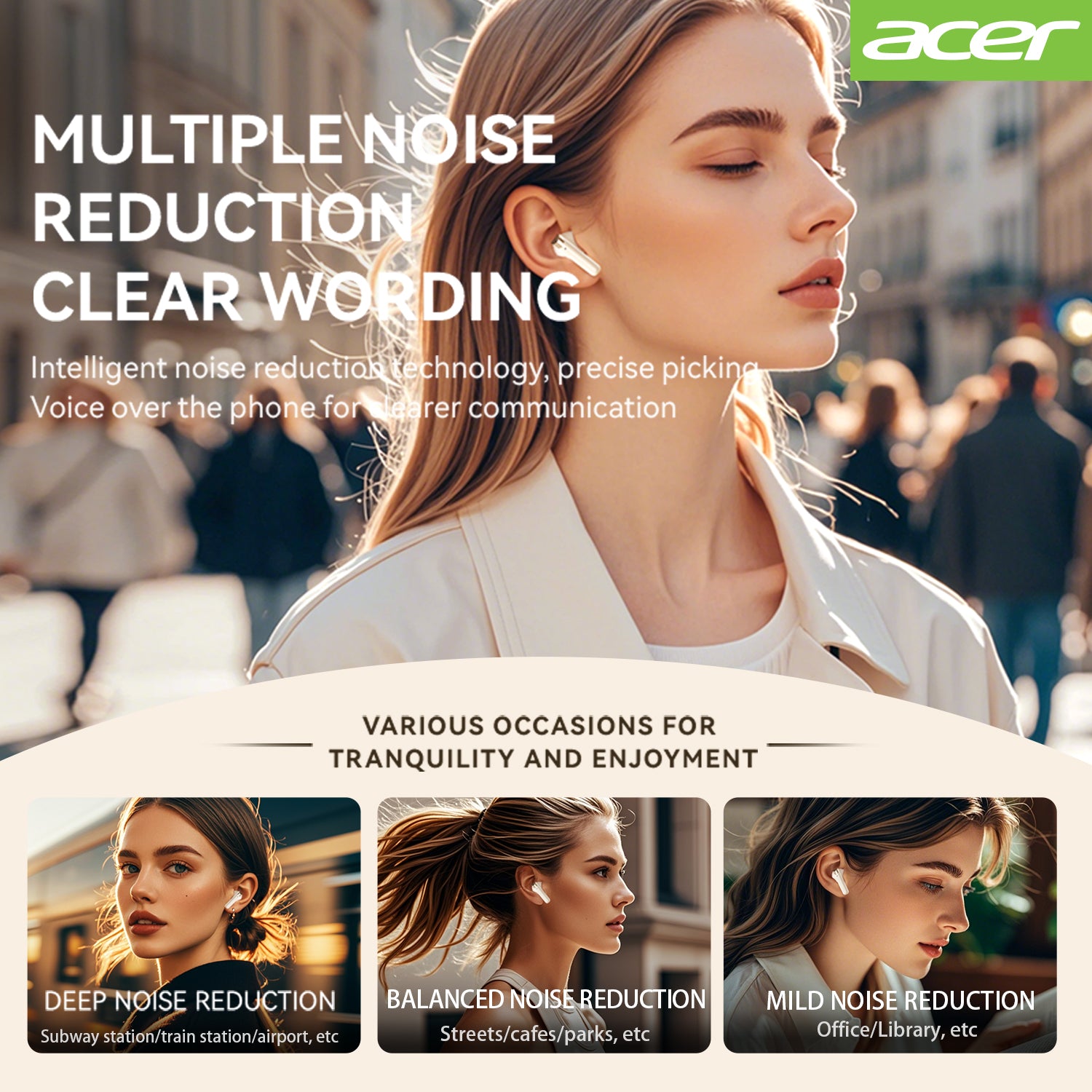 Acer OHR508 Bluetooth Wireless Earbuds Multiple Noise Reduction Surround Sound Long Wear Without Pain