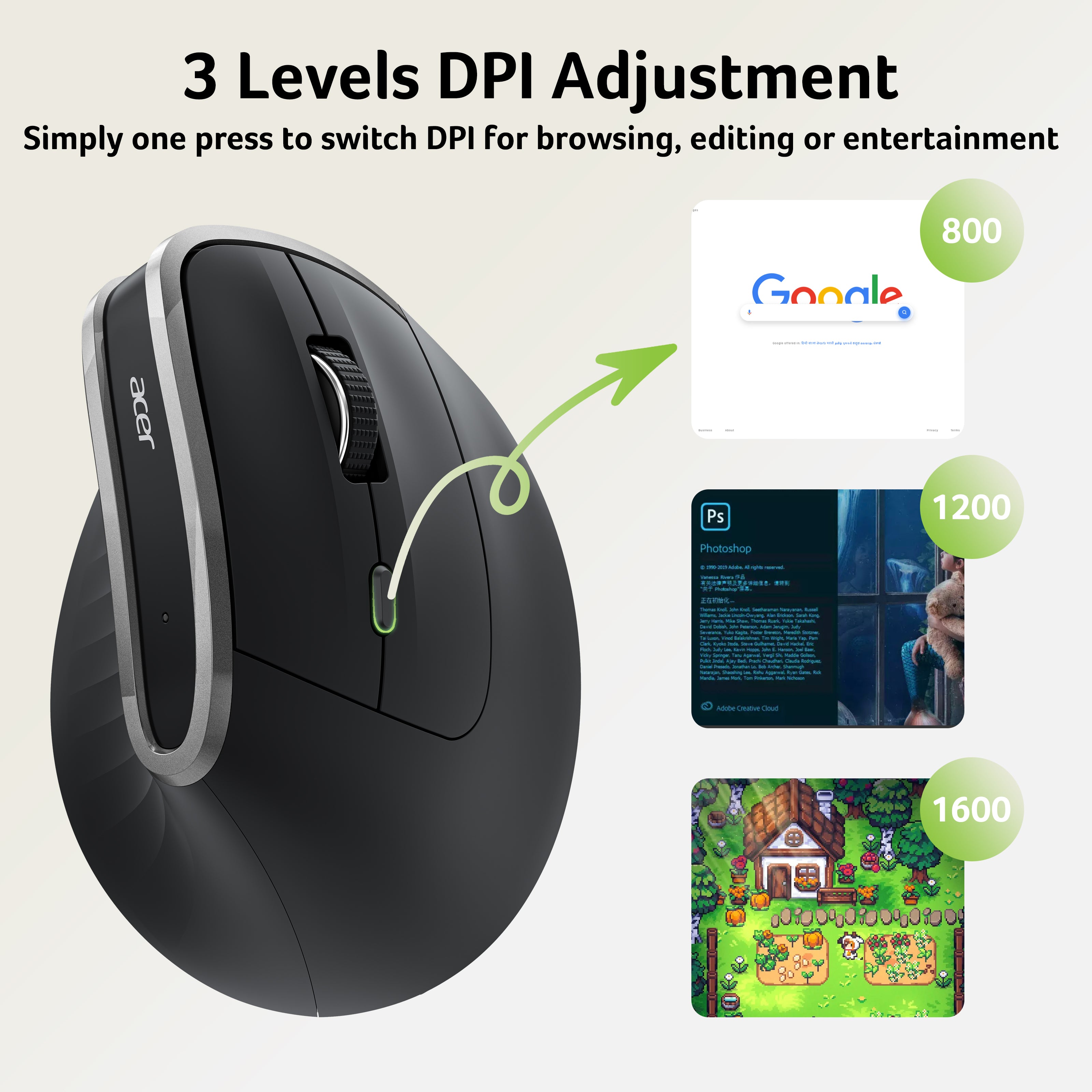 Acer Ergonomic Wireless Vertical Mouse | 58° Tilt, 2.4GHz USB Receiver, 1600 DPI