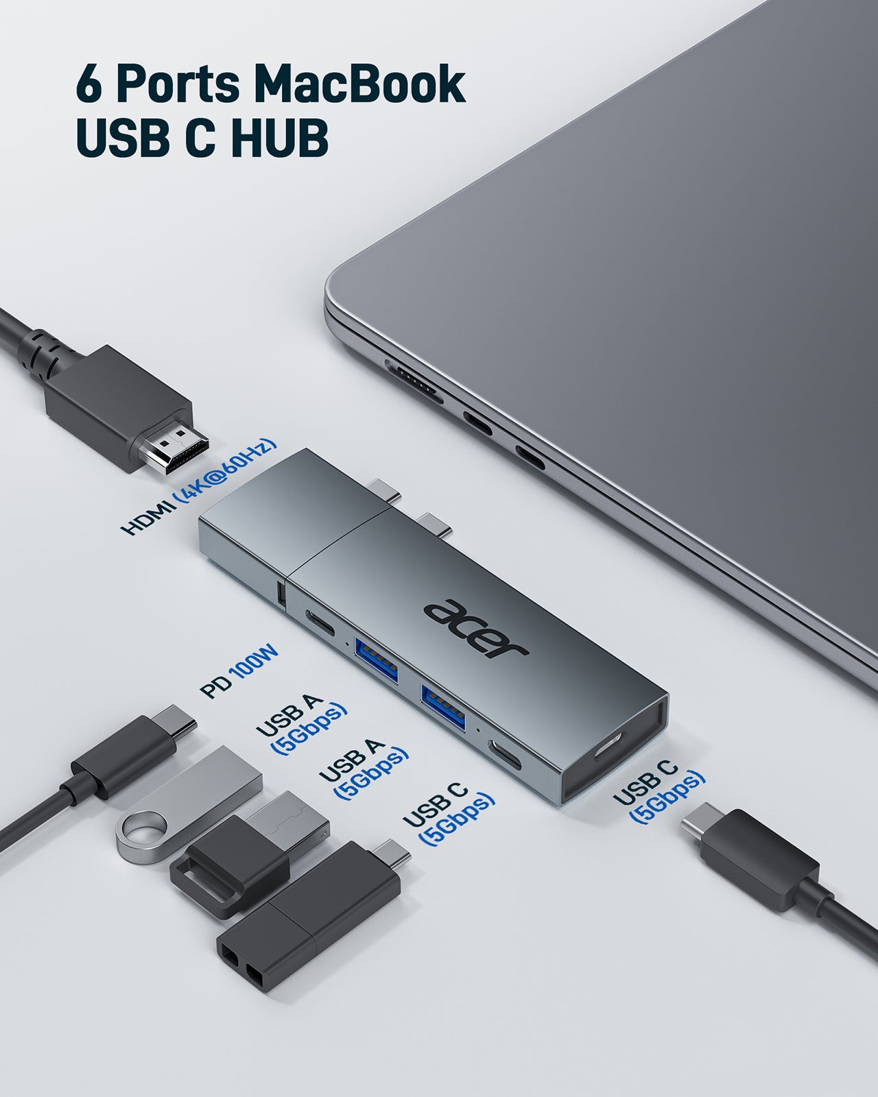 Acer 6 in 2 Detachable USB C Hub | 4K@60Hz HDMI, 100W PD Charging