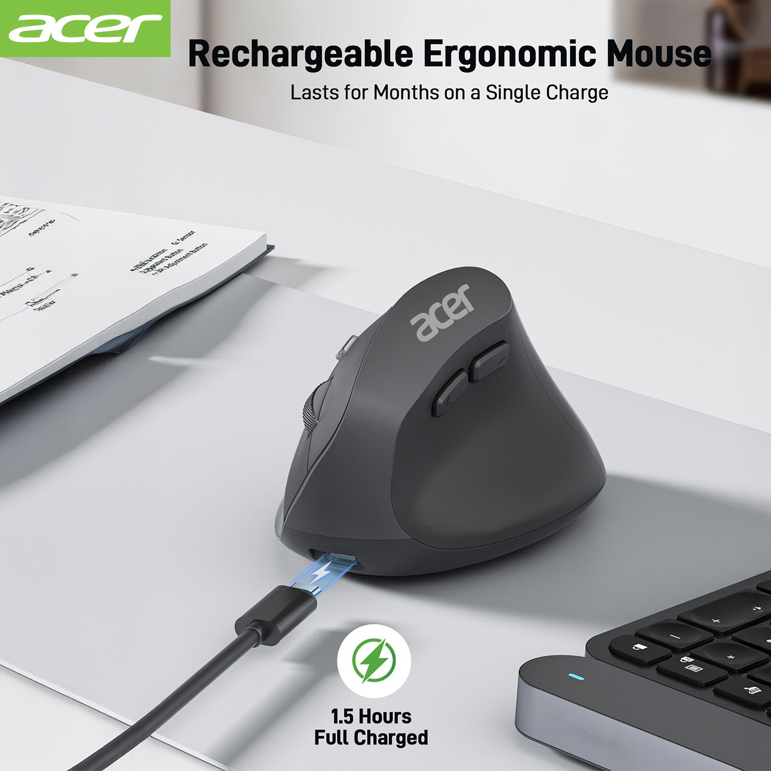 Acer Mouse OMR241 Acer Ergonomic Mouse Wireless, 1000/1200/1600 Adjustable DPI Vertical Mouse with 6 Buttons, Rechargeable Ergo Mice with 2.4GHz USB Receiver for Computer, Laptop, PC, iMac and Desktop
