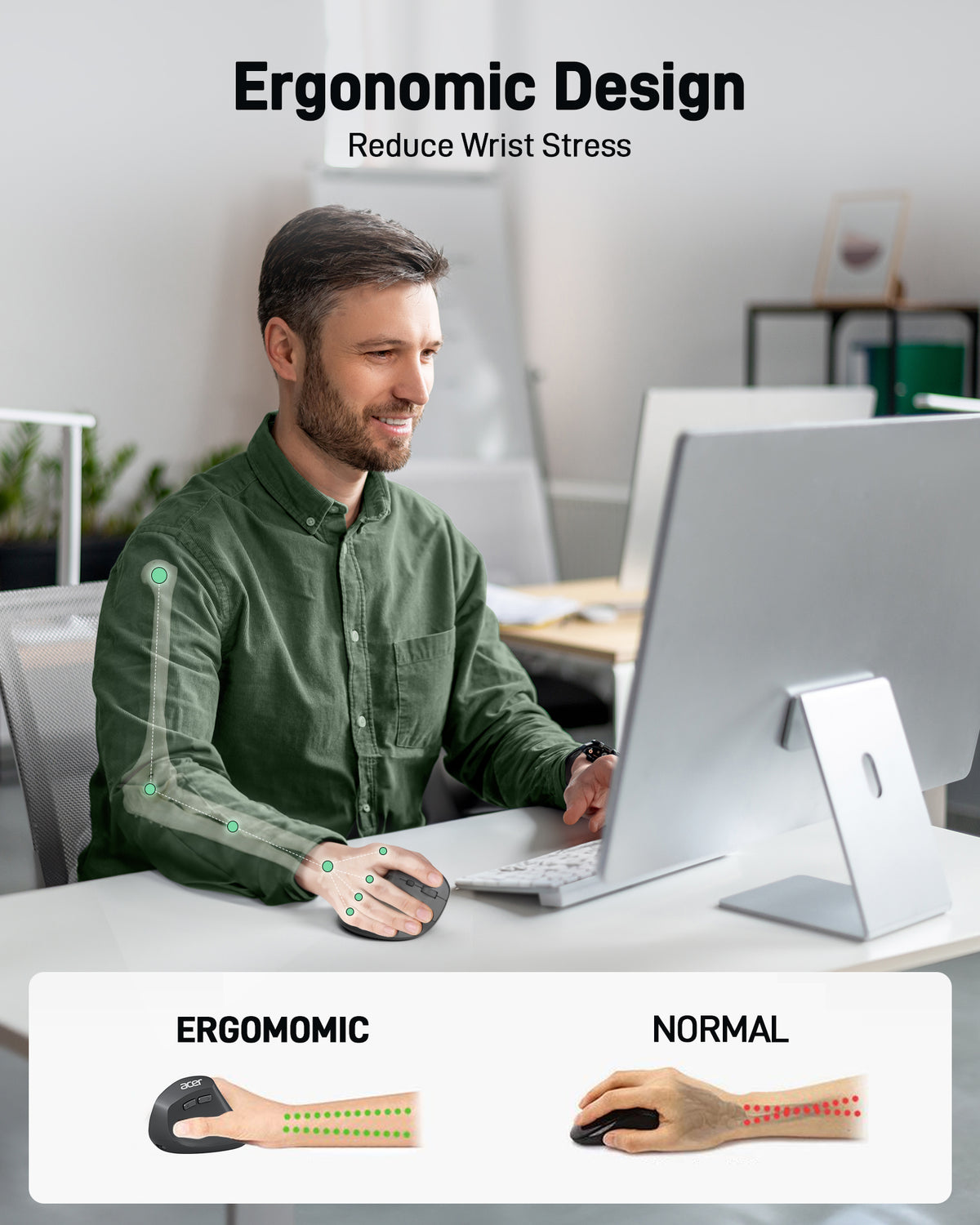 Acer Ergonomic Vertical Wireless Mouse | Rechargeable 2.4GHz Mouse for Small to Medium Hands