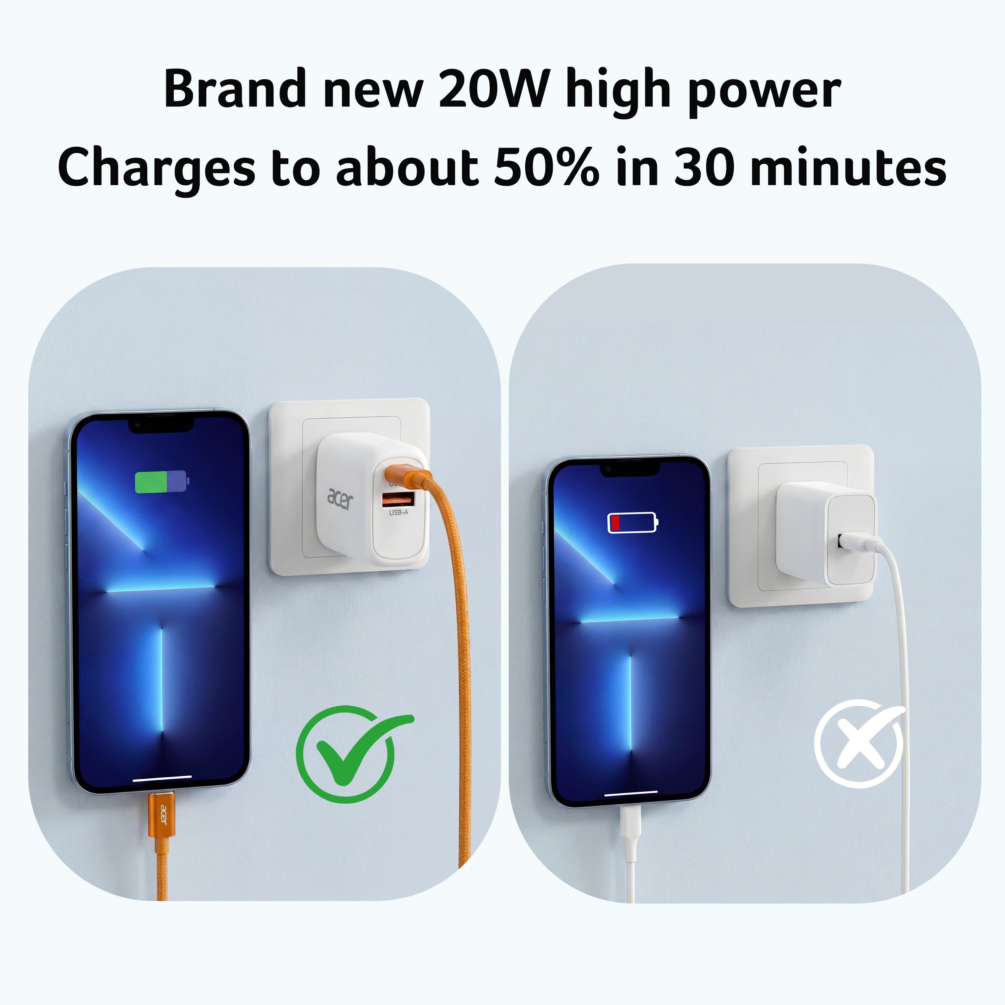 Acer 20W Dual-Port USB Charger | USB-C & USB-A Charging Cables