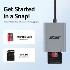 Acer SD Card Reader USB C, Dual Slots Type C to Memory Card Reader, Aluminum Micro SD Card Camera Adapter for MicroSD, SDHC, SDXC, Compatible with iPhone17/16/15, MacBook Neo/Pro/Air, iPad, Laptop