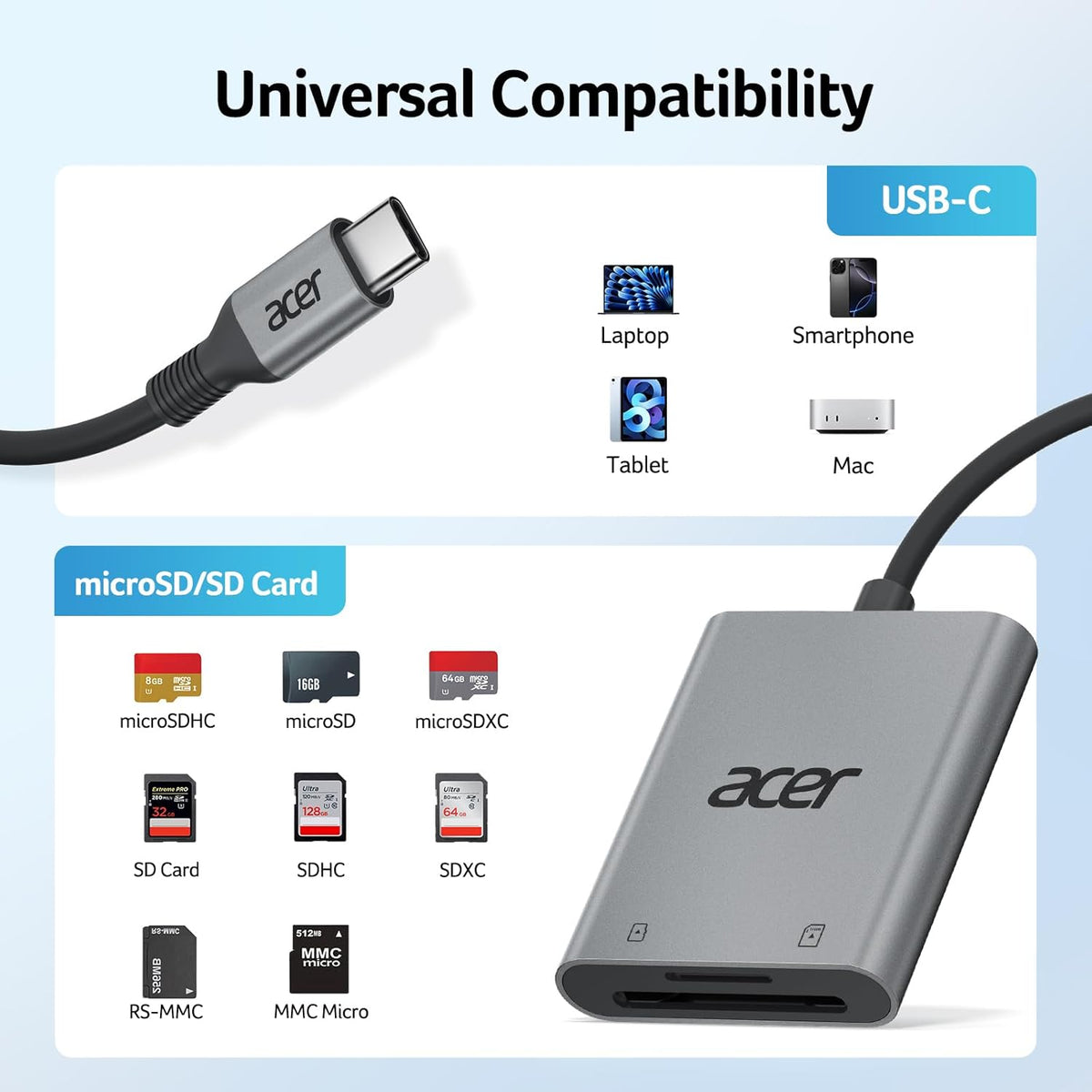 Acer USB-C 5Gbps Dual-Slot Aluminum SD Card Reader