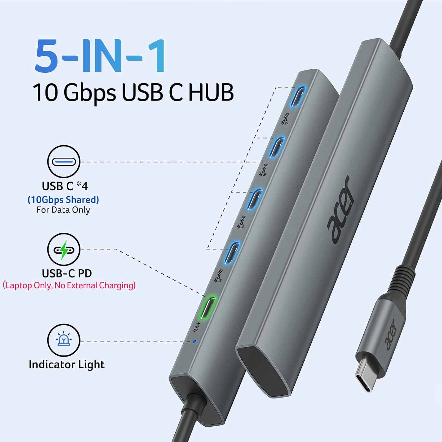 Acer 10Gbps USB-C Hub | 4 USB-C 3.2 Ports, 100W PD Charging