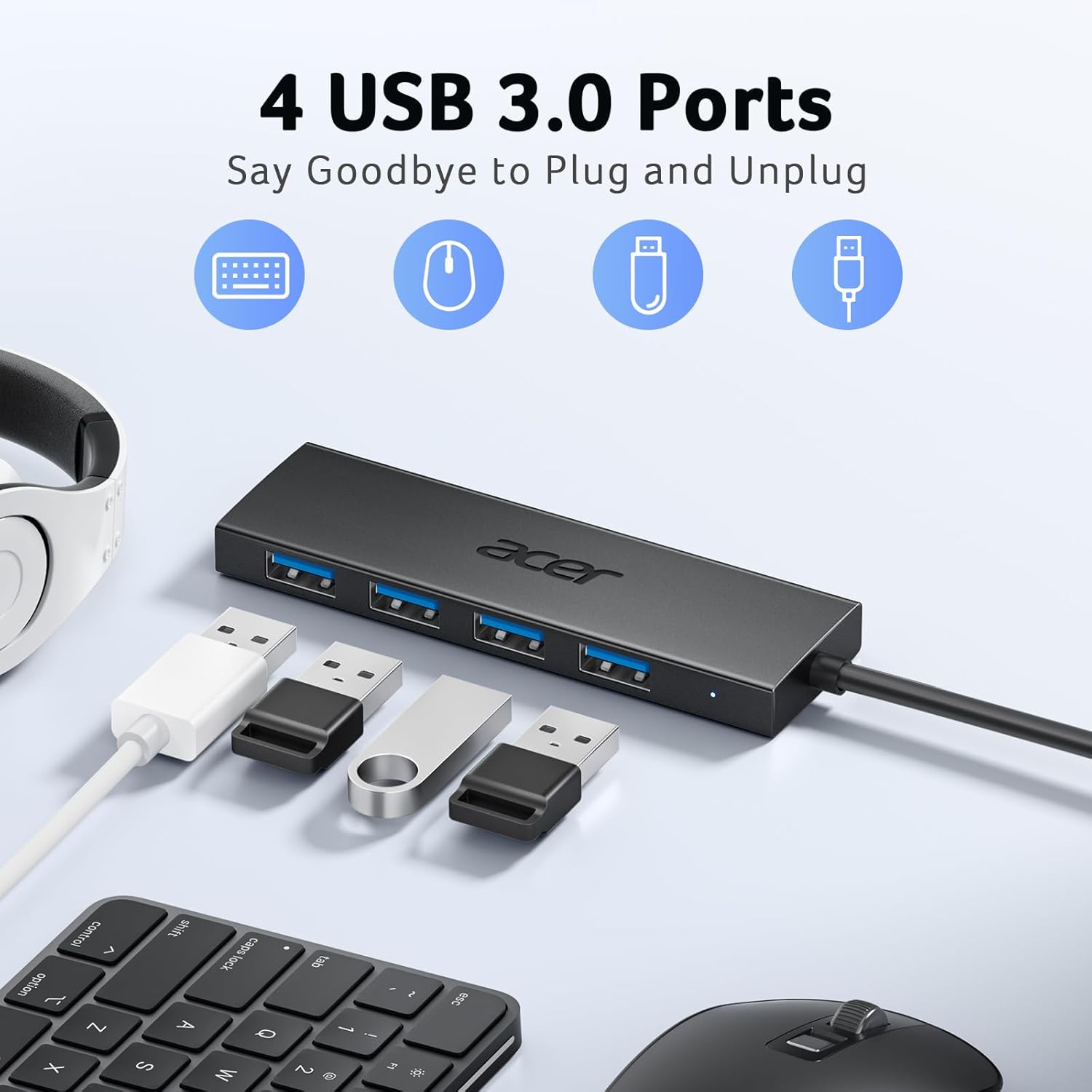 Acer 4-Port USB 3.0 Hub with USB-C Power Port | USB-A Expansion Hub