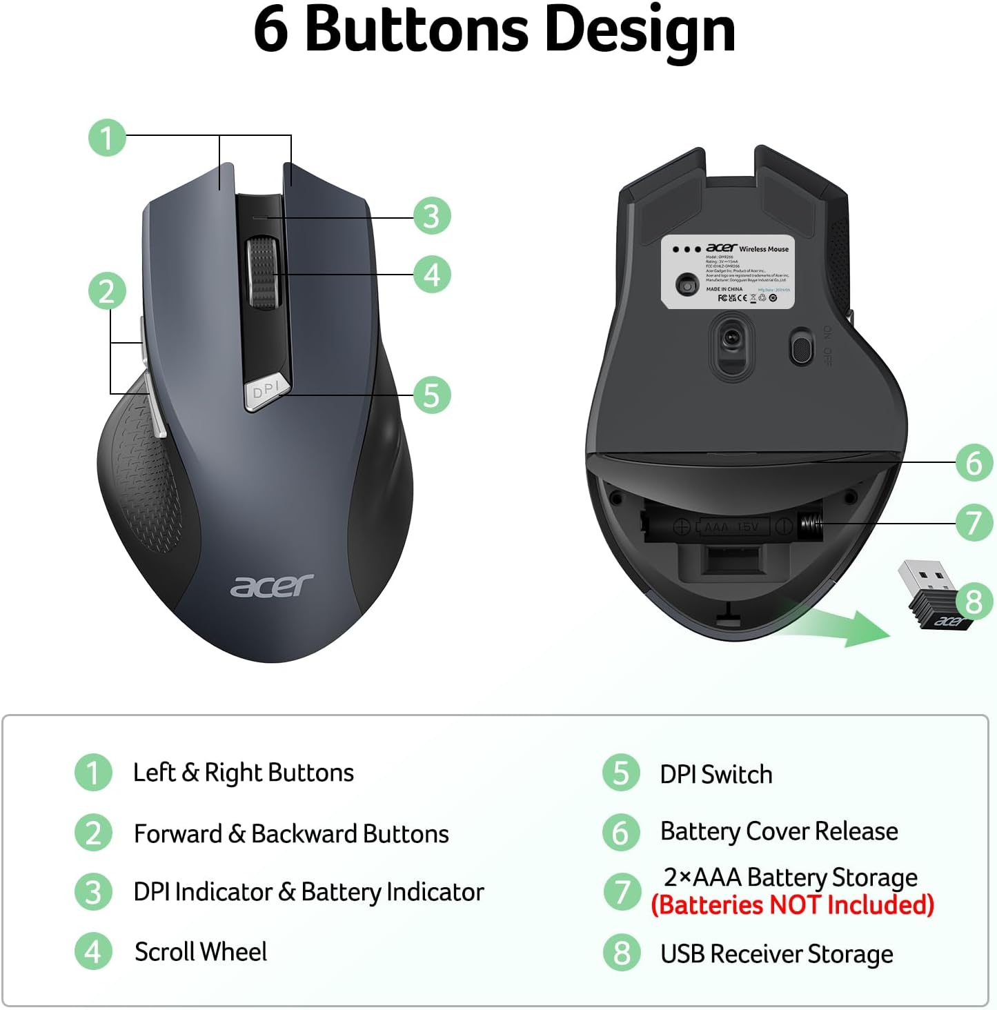 Acer Wireless Mouse for Laptop | 2.4GHz USB Receiver Mouse with Adjustable DPI