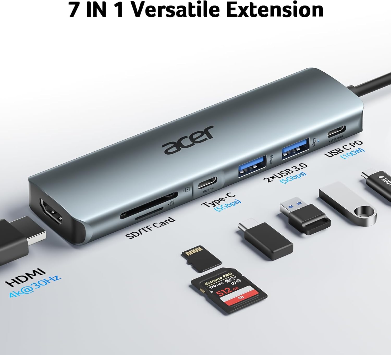 Acer USB C Hub, 7 in 1 Multi-Port Adapter for Laptop, 4K, HDMI Splitter with 2 USB A 3.1 & Type-C to HDMI Data Port, PD 100W Charging, SD Card Reader for Computer, Desktop, Space Grey