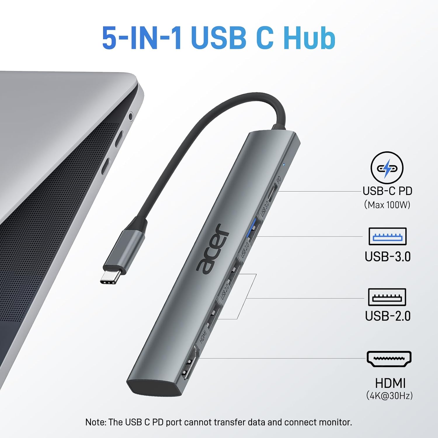 Acer 5-in-1 USB-C Hub | 4K HDMI Adapter with 3 USB-A Ports , 100W PD Charging