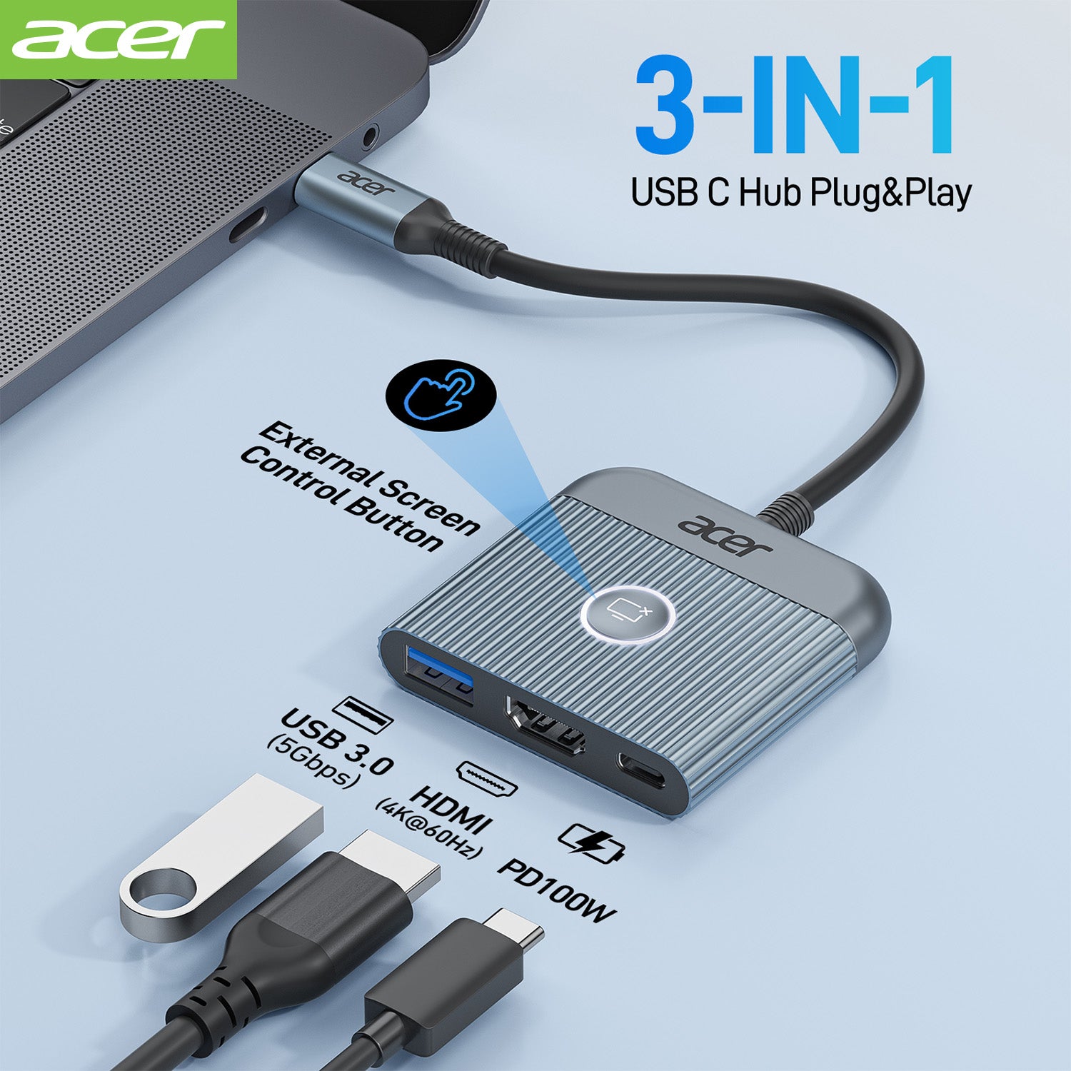 Acer Dock_option ODK470 Acer USB C to HDMI Adapter, 4K@60Hz HDMI to Type C Adapter with 100W PD, USB A 3.0 Port, Screen control
