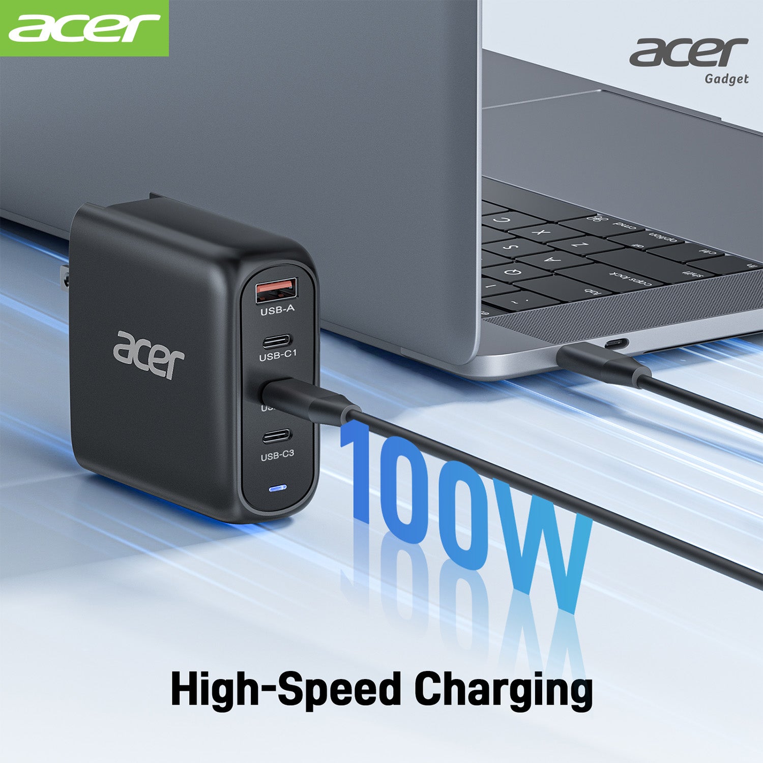Acer OPD105 Acer 100W USB C Charger Block, 4-Port Fast GaN Desktop Charger with Power Extension Cable, USB-C*3, USB-A*1