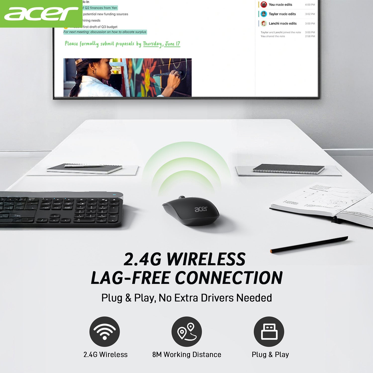 Acer Mouse OMR242 Acer Computer Mouse Wireless, 2.4G Slim USB Wireless Mice with USB Receiver, 800/1200/1600 Adjustable DPI Optical Laptop Mouse with 4 Buttons, Portable Mouse for Laptop, Desktop, PC