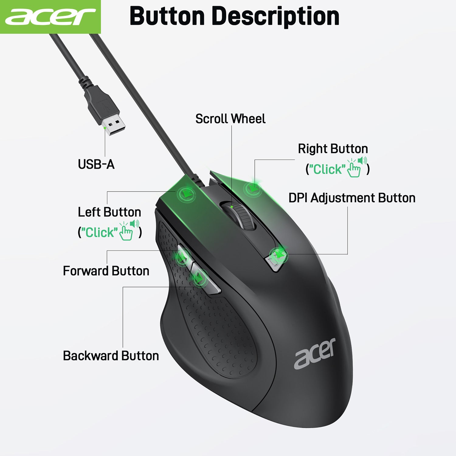 Acer Mouse OMW313 Acer Wired Mouse, 4 Adjustable DPI USB Computer Mouse with Side Buttons, 5FT Cord, 6 Buttons, 3200 DPI, Compatible with Laptop, iMac, PC, Desktop