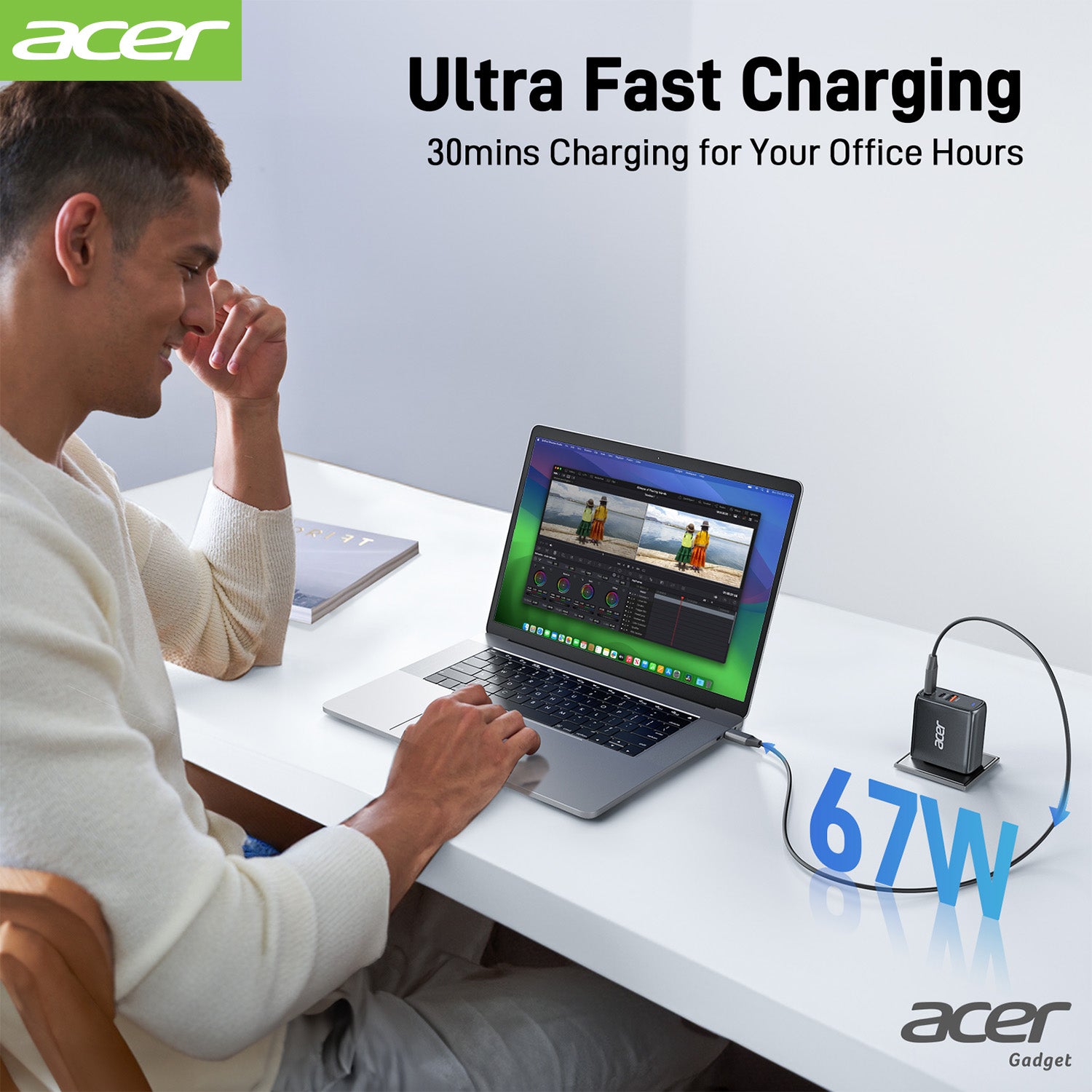 Acer OPD104 Acer 67W USB C Charger, 3-Port GaN Fast Charging Block, USB-C*2, USB*1, Foldable and Portable USB Wall Plug Adapter