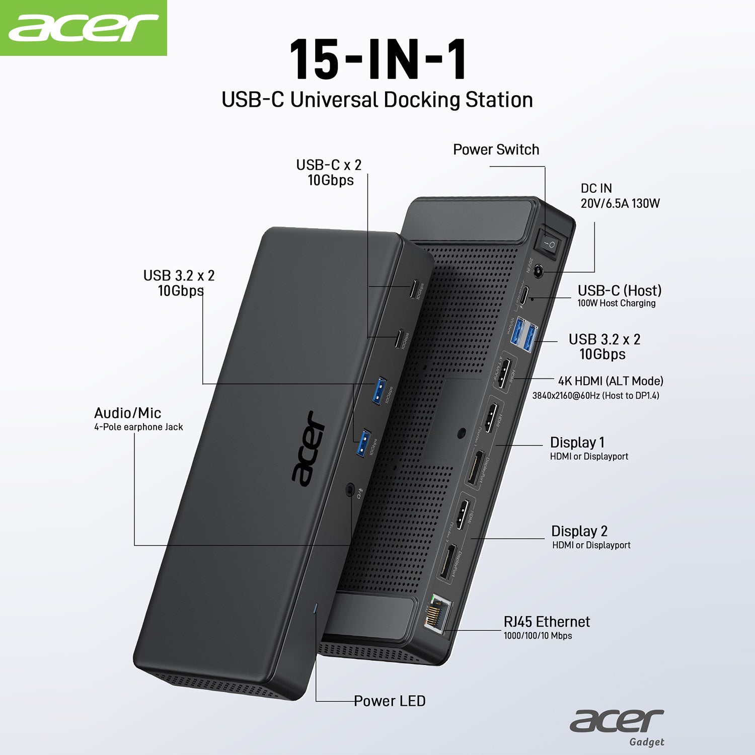 Acer Dock_option ODK480 Acer 15-in-1 Triple Display USB C Docking Station, Thunderbolt 4/3 DisplayLink Dock with 4K HDMI/DP*5, 10Gbps USB-C*2 & USB3.2*4, USB-C(Host), 100W PD, Ethernet, Audio
