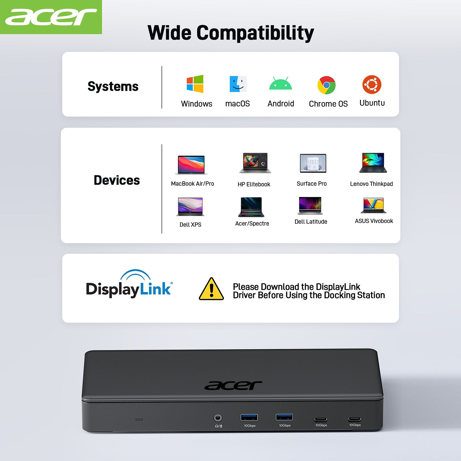 Acer Dock_option ODK480 Acer 15-in-1 Triple Display USB C Docking Station, Thunderbolt 4/3 DisplayLink Dock with 4K HDMI/DP*5, 10Gbps USB-C*2 & USB3.2*4, USB-C(Host), 100W PD, Ethernet, Audio