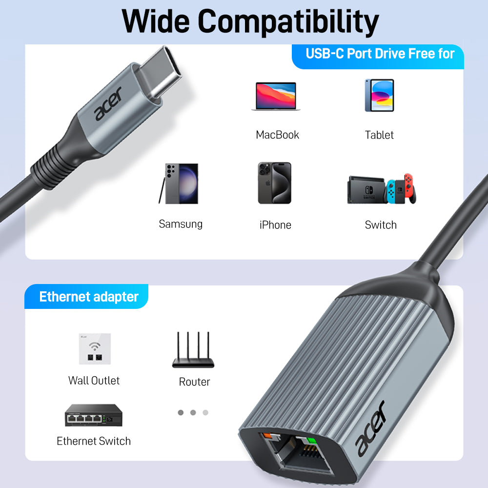 Acer USB-C to Ethernet Adapter | 1Gbps RJ45 LAN Adapter, Thunderbolt 3/4 Compatible
