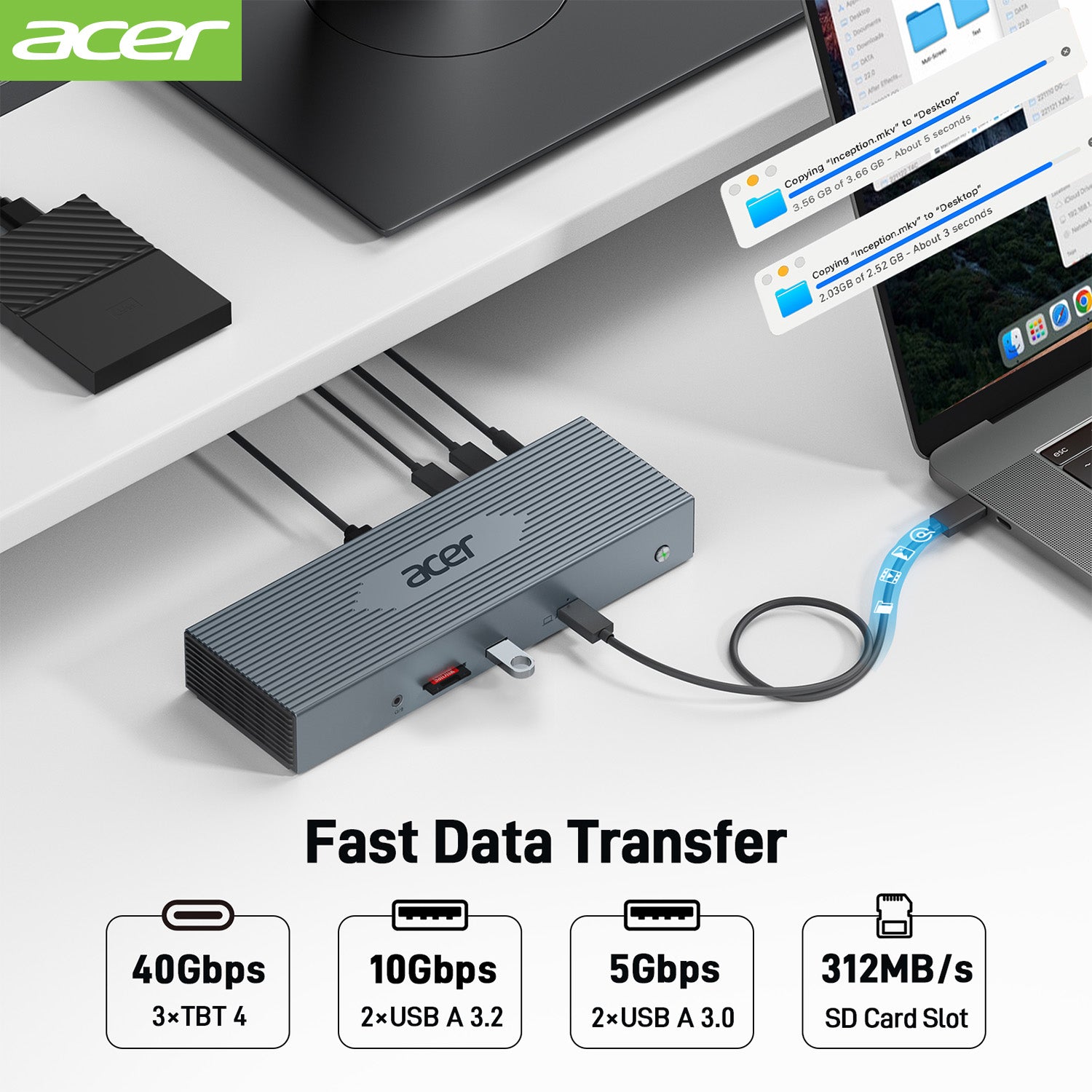 Acer Dock_option ODK490 Acer 16-in-1 Thunderbolt 4 Docking Station, 4K HDMI/DP*4, USB-C Host, USB-A Port(10Gbps)*2, USB-A Port(5Gbps)*2，160W Power, Thunderbolt 4 port*3 (40Gbps Data Transfer), 2.5Gbps Ethernet, Audio, SD card Slot