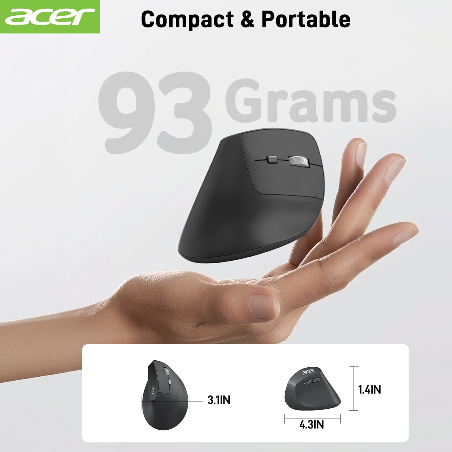 Acer Mouse OMR241 Acer Ergonomic Mouse Wireless, 1000/1200/1600 Adjustable DPI Vertical Mouse with 6 Buttons, Rechargeable Ergo Mice with 2.4GHz USB Receiver for Computer, Laptop, PC, iMac and Desktop
