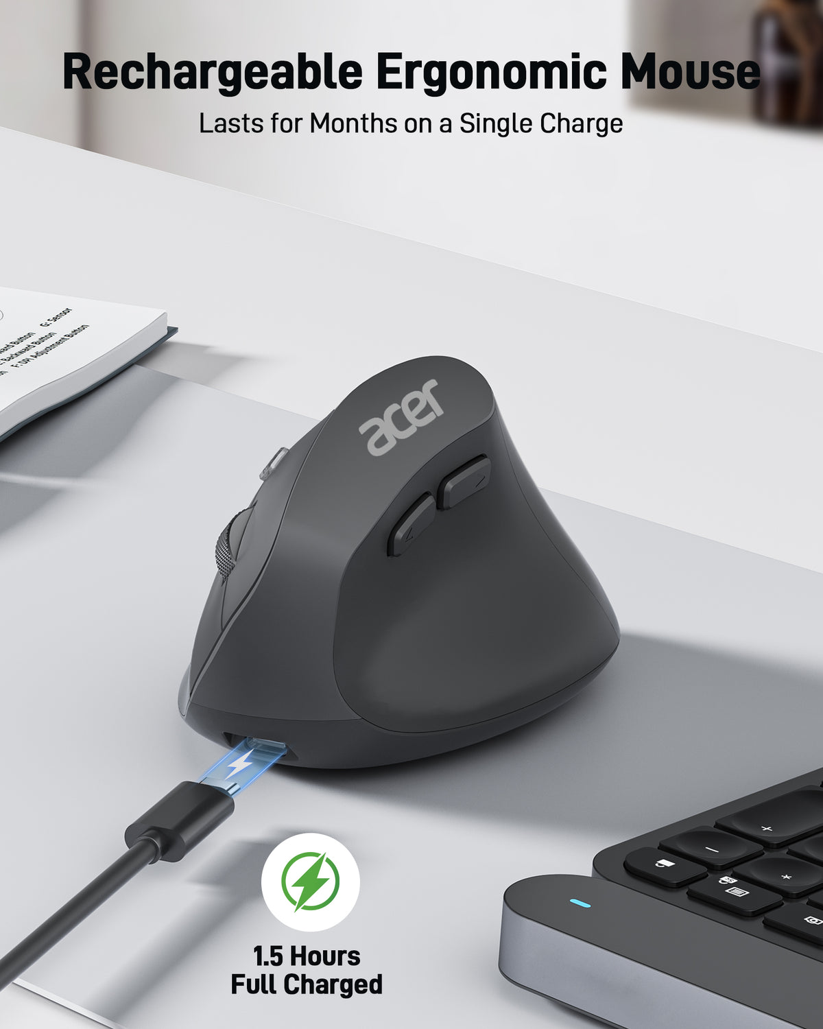 Acer Ergonomic Vertical Wireless Mouse | Rechargeable 2.4GHz Mouse for Small to Medium Hands