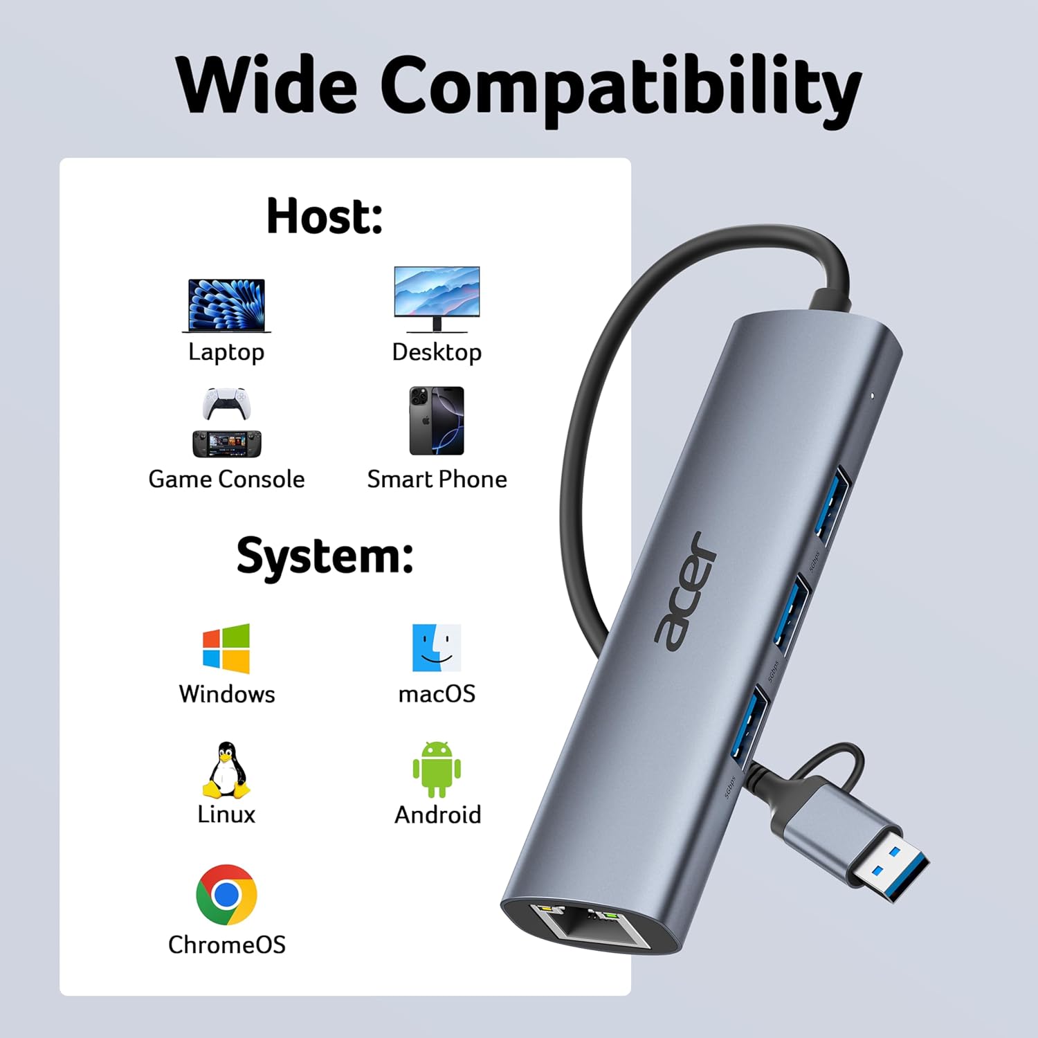 Acer USB 3.0 Ethernet Adapter 1Gbps | 3 USB Ports, Gigabit Network Hub