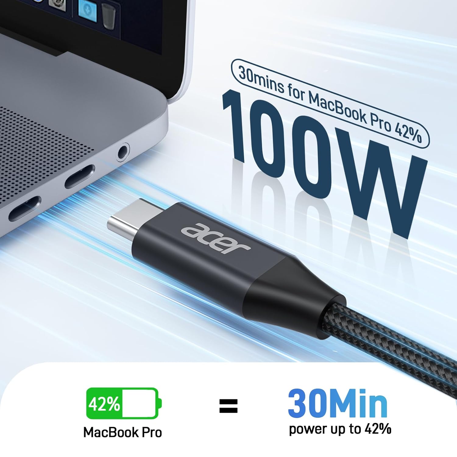 Acer 100W USB-C Cable | Fast PD Charging Nylon Braided Cord