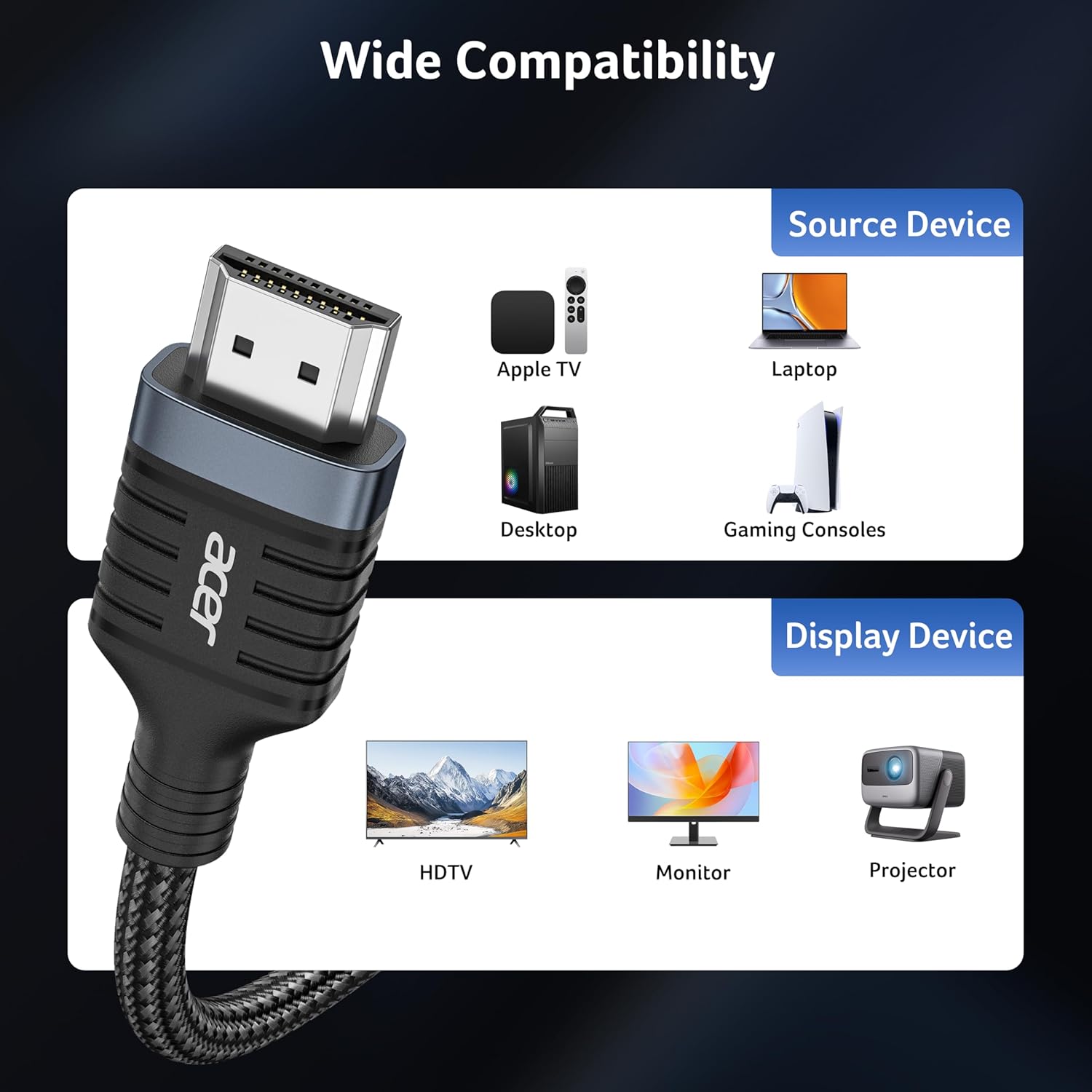Acer HDMI 2.1 Cable 6.6FT, [8K@60Hz, 4K@120Hz] 48Gbps Ultra High-Speed Braided Cord Supports HDR10+/HDCP 2.2 & ARC/eARC, Certified HDMI Cable Compatible with PS5, PS4, Xbox, Monitors, Laptops, HDTV