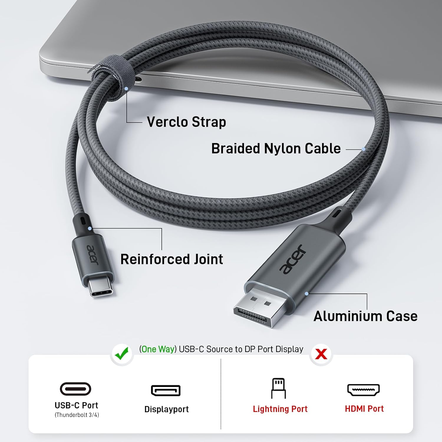 Acer USB C to DisplayPort Cable  (4K@60hz 2K@165Hz), Type-C to DisplayPort Cord (Sturdy Aluminum,Plug & Play) Thunderbolt 3/4/5 Compatible with MacBook Pro/Air, iPhone 16 Pro/Max, XPS, Surface
