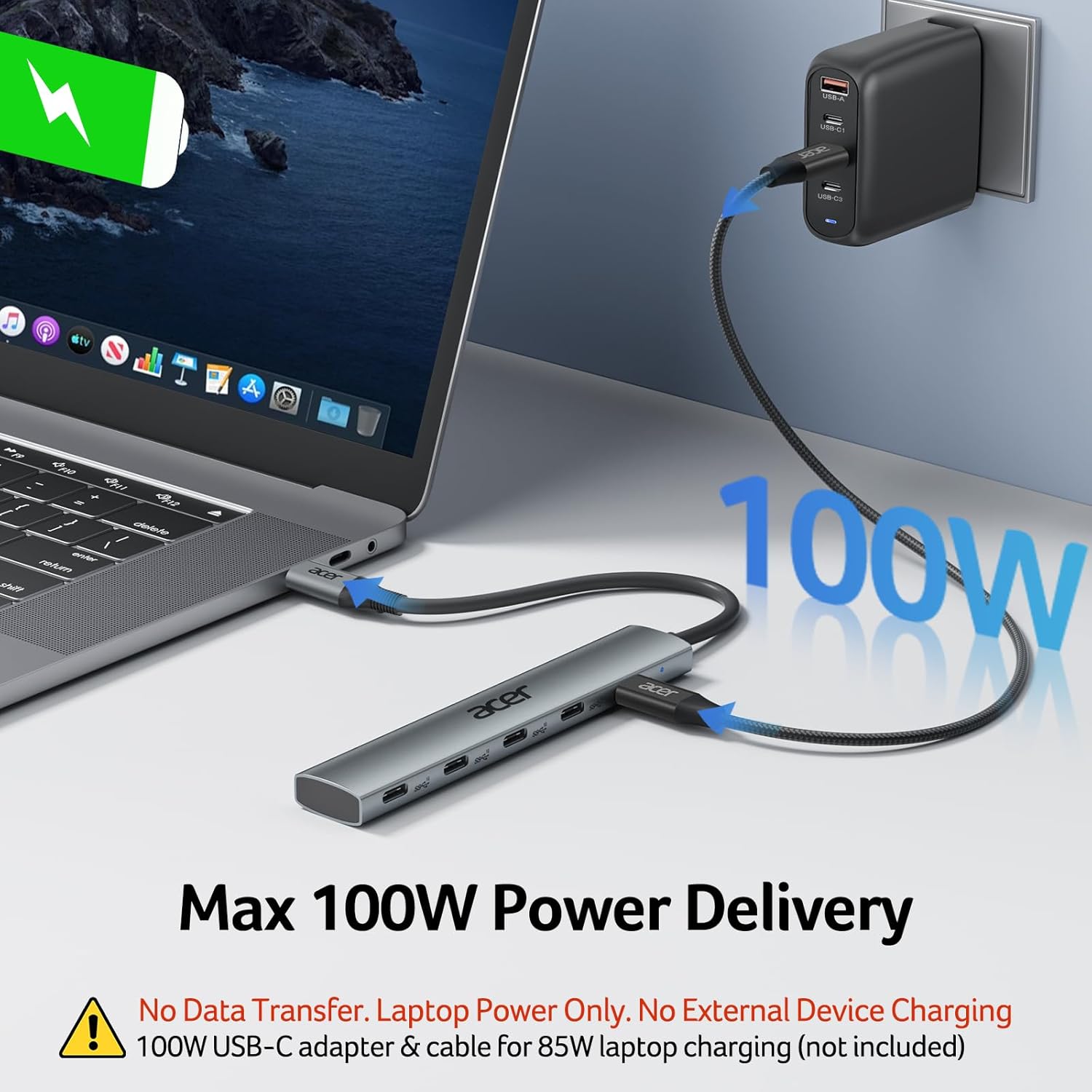 Acer 10 Gbps USB C Hub, USBC Splitter with 4*USB C 3.2 and 100W PD Port, Fast Transfer Type-C Multiport Adapter Compatible with MacBook Pro/M2/M1, iPad, Surface Pro, XPS【No Video Output】