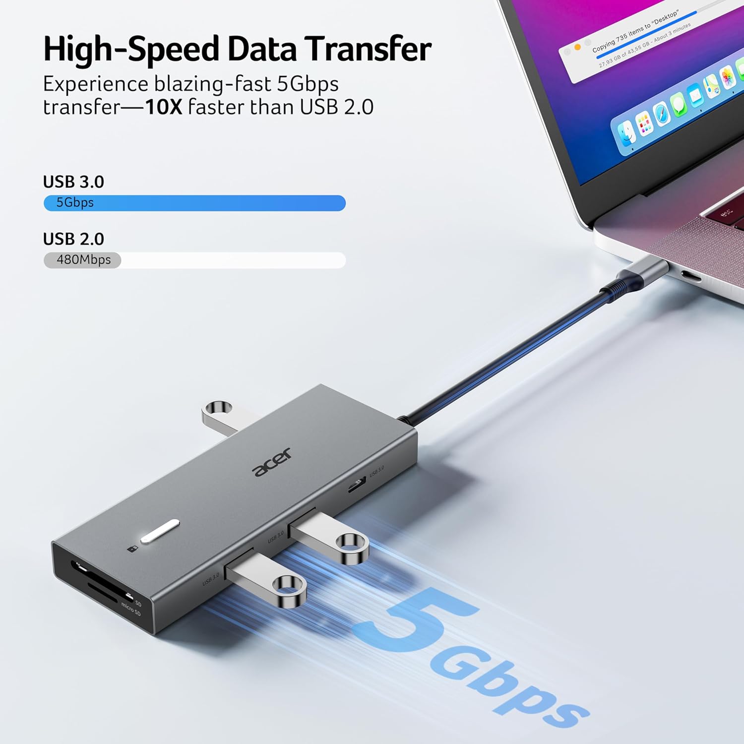 Acer 9-in-1 USB-C Docking Station for Dual Monitors | 4K@60Hz HDMI & 100W PD Charging