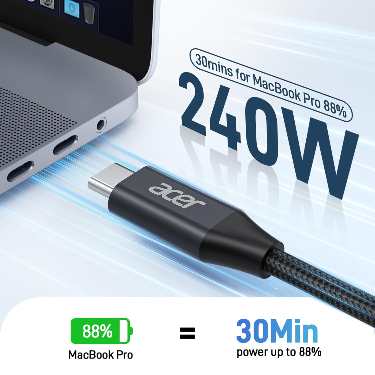 Acer 240W USB-C to USB-C Cable | PD Fast Charging Nylon Braided Cable