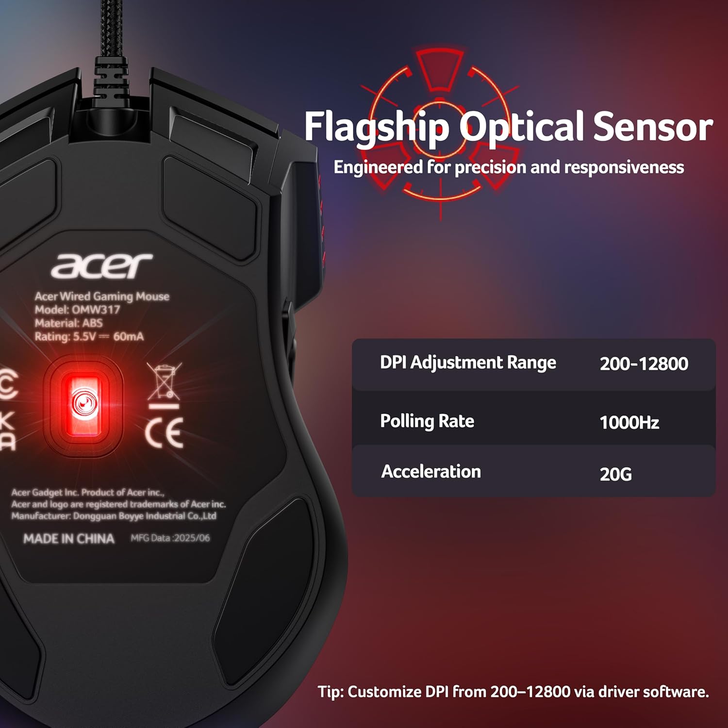 Acer Wired Gaming Mouse | 12800 DPI, RGB Ergonomic Mouse with 8 Programmable Buttons