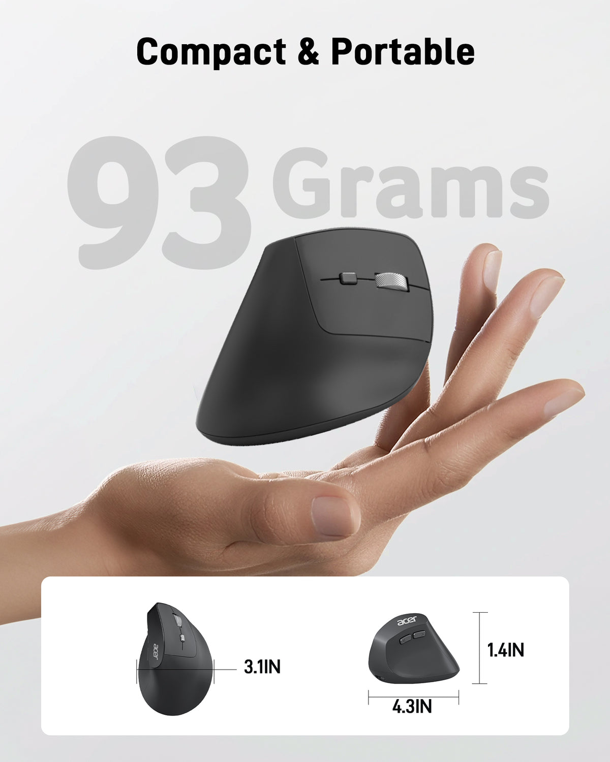 Acer Ergonomic Vertical Wireless Mouse | Rechargeable 2.4GHz Mouse for Small to Medium Hands