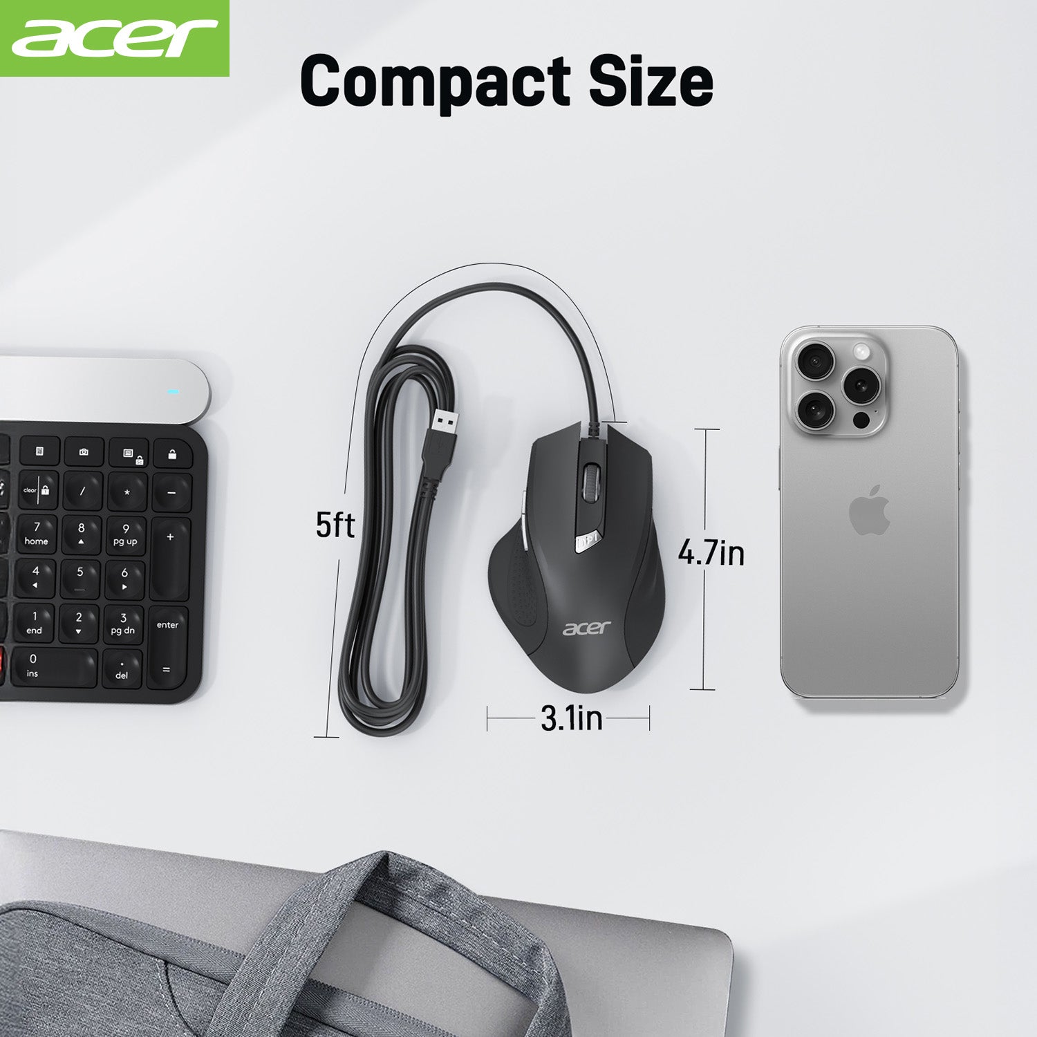 Acer Mouse OMW313 Acer Wired Mouse, 4 Adjustable DPI USB Computer Mouse with Side Buttons, 5FT Cord, 6 Buttons, 3200 DPI, Compatible with Laptop, iMac, PC, Desktop