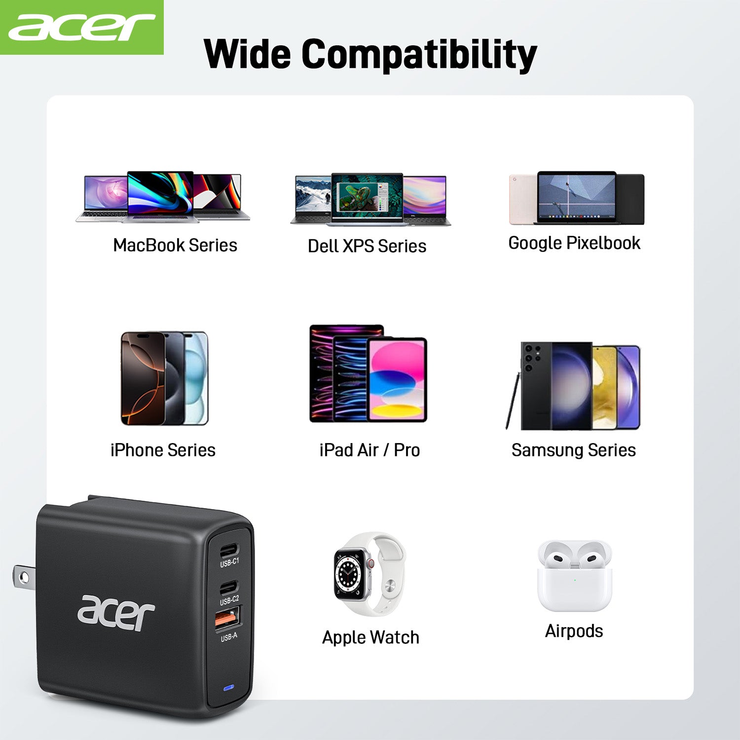 Acer OPD104 Acer 67W USB C Charger, 3-Port GaN Fast Charging Block, USB-C*2, USB*1, Foldable and Portable USB Wall Plug Adapter