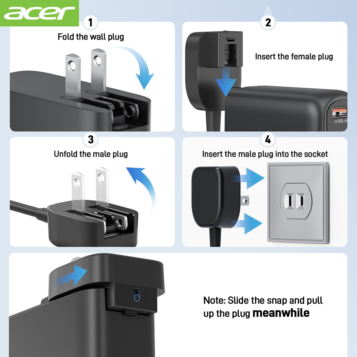 Acer OPD105 Acer 100W USB C Charger Block, 4-Port Fast GaN Desktop Charger with Power Extension Cable, USB-C*3, USB-A*1