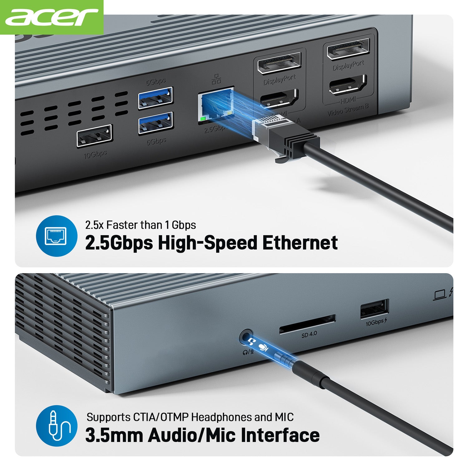 Acer Dock_option ODK490 Acer 16-in-1 Thunderbolt 4 Docking Station, 4K HDMI/DP*4, USB-C Host, USB-A Port(10Gbps)*2, USB-A Port(5Gbps)*2，160W Power, Thunderbolt 4 port*3 (40Gbps Data Transfer), 2.5Gbps Ethernet, Audio, SD card Slot