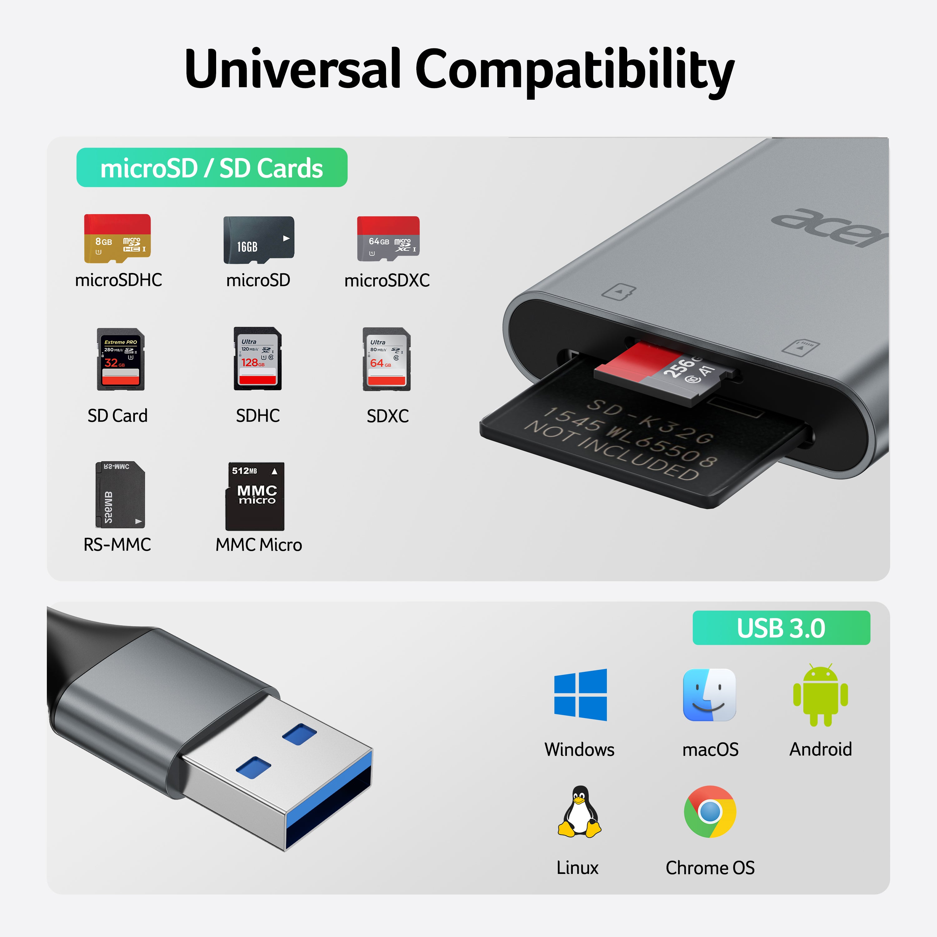 Acer USB-A 3.0 (5Gbps) Dual-Slot Aluminum SD Card Reader