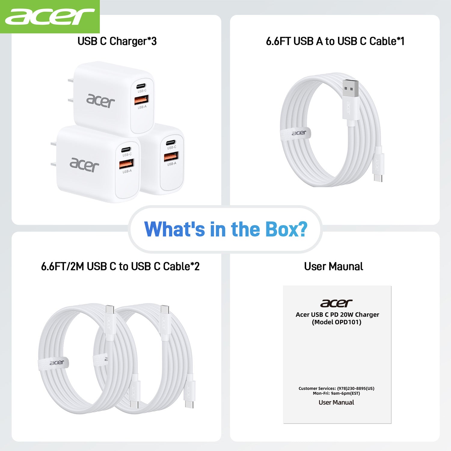 Acer OPD101 Acer USB C Charger Block, 3-Pack 20W Dual Port Type C Fast Charging, Wall Plug Adapter with 3-Pack 6.6FT Fast Power Cable