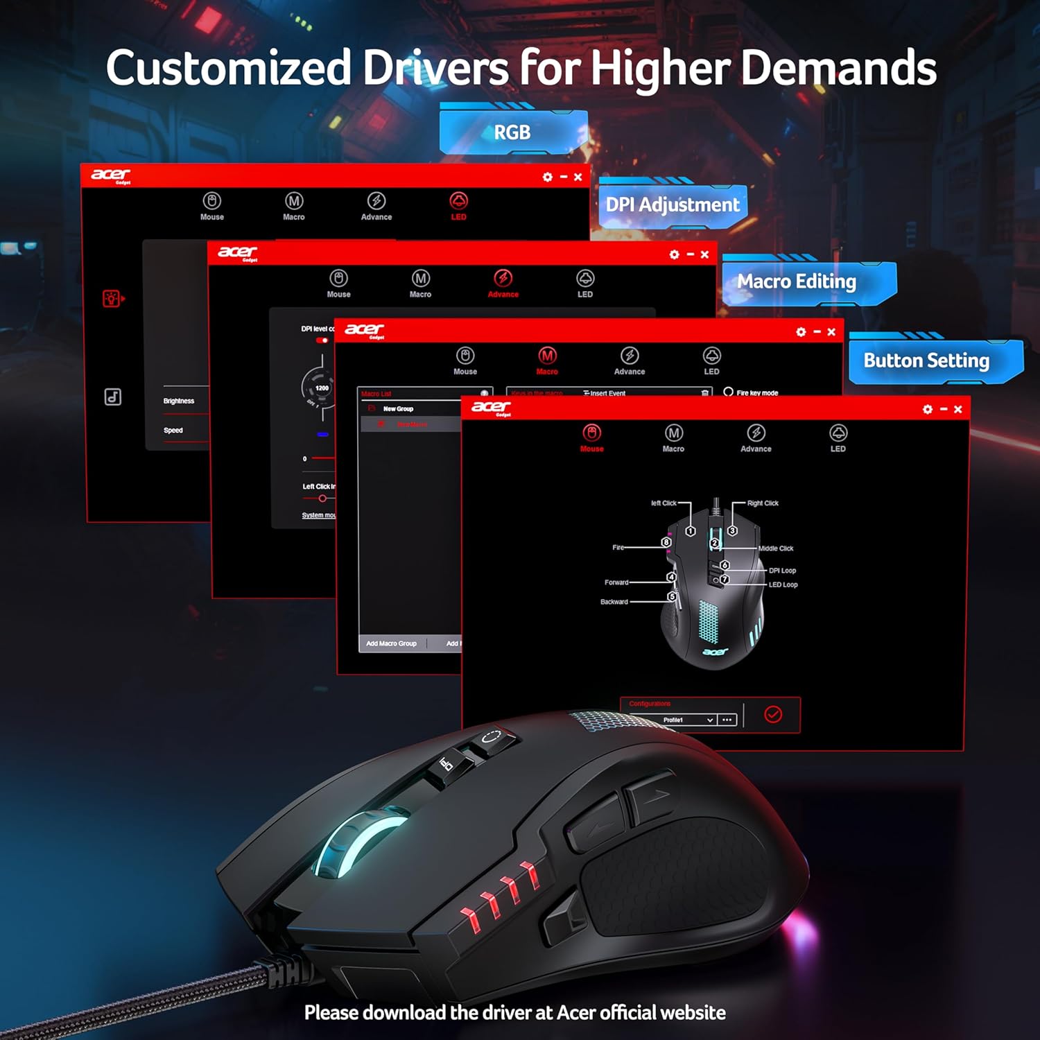Acer Wired Gaming Mouse | 12800 DPI, RGB Ergonomic Mouse with 8 Programmable Buttons