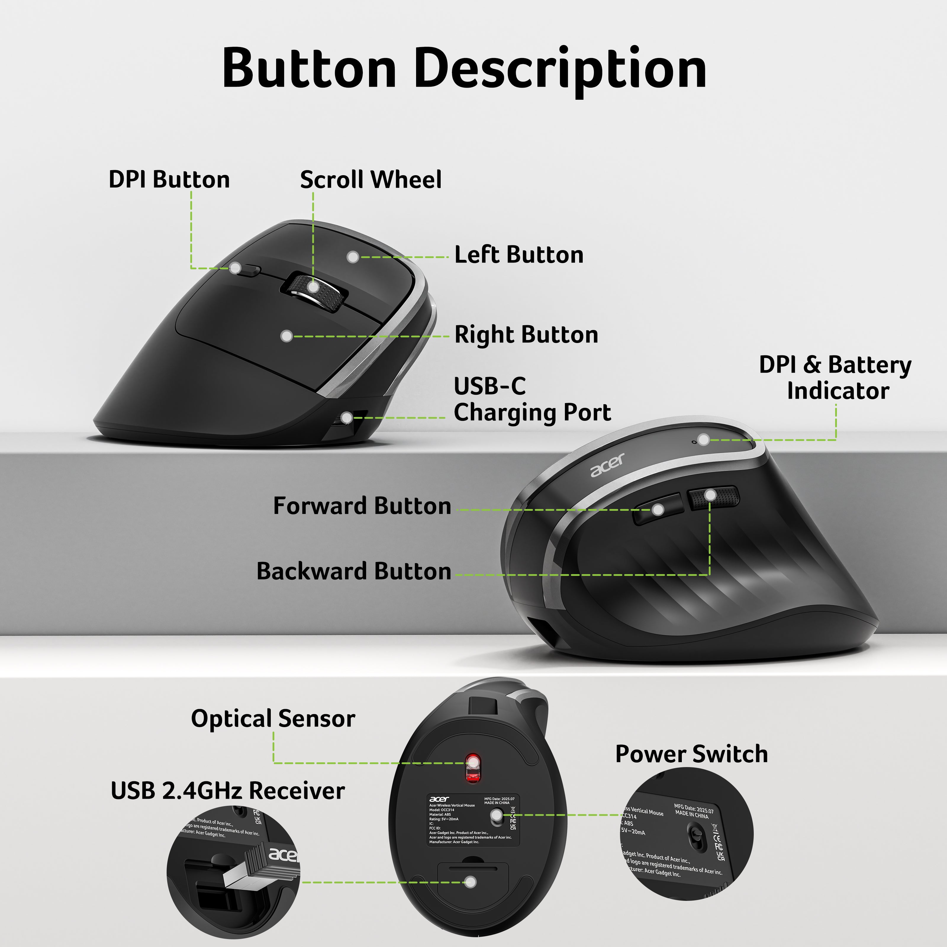 Acer Ergonomic Wireless Vertical Mouse | 58° Tilt, 2.4GHz USB Receiver, 1600 DPI