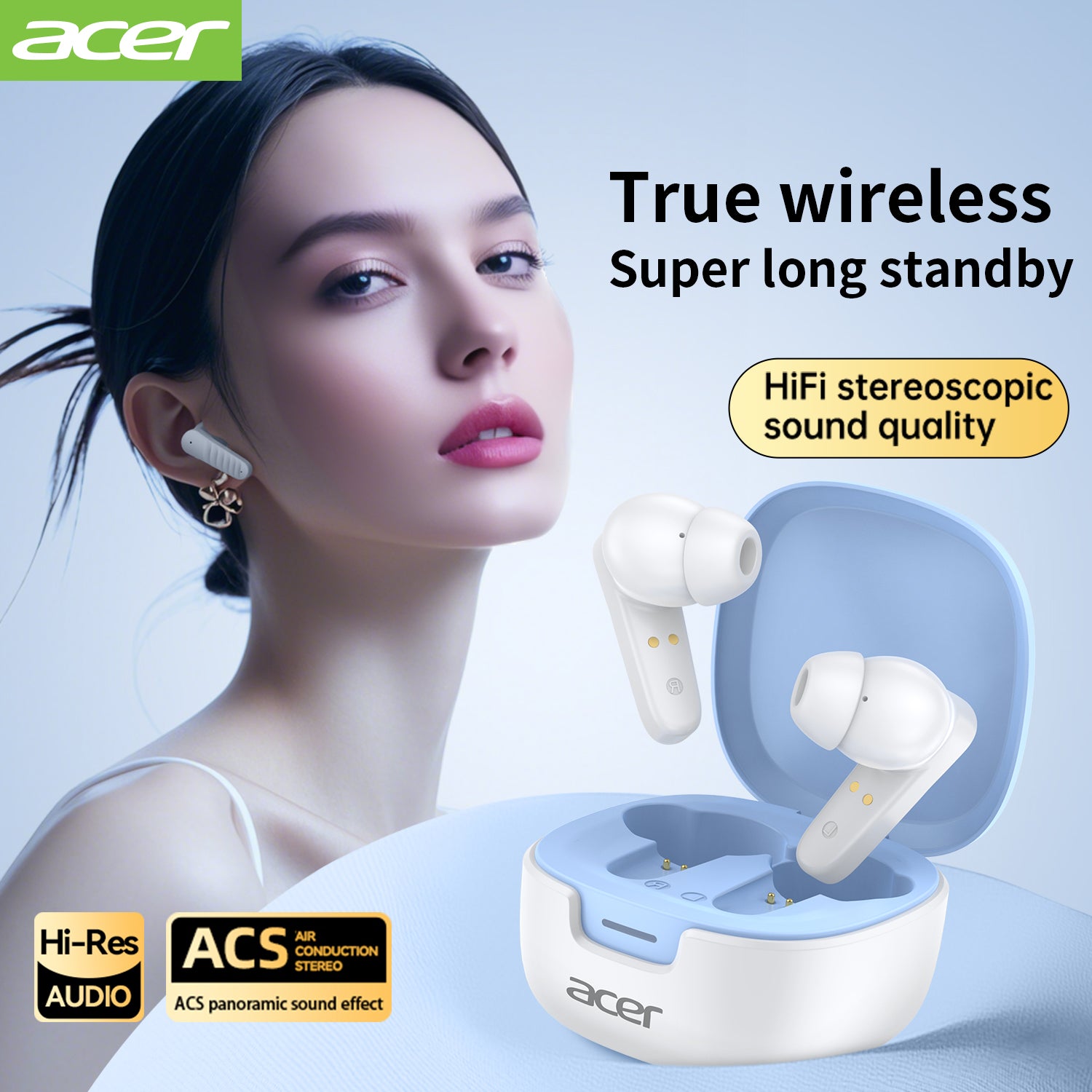 Acer OHR503 Bluetooth Wireless Earbuds Lightweight Immersive Sound Quality Long Wear Without Pain