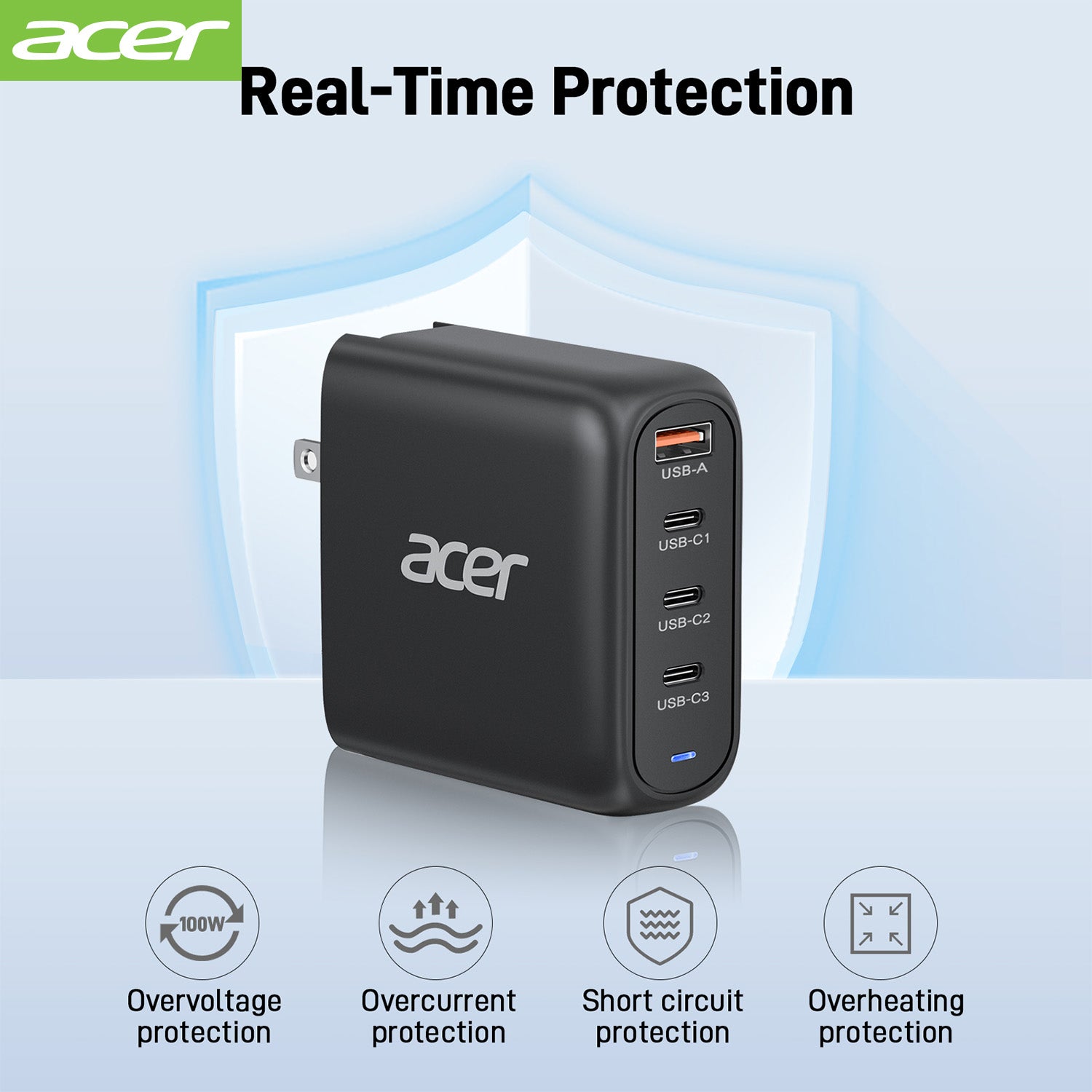Acer OPD105 Acer 100W USB C Charger Block, 4-Port Fast GaN Desktop Charger with Power Extension Cable, USB-C*3, USB-A*1