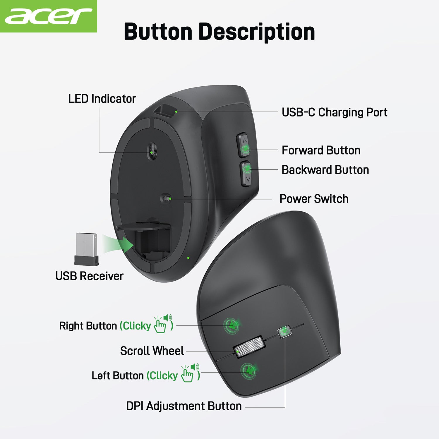 Acer Mouse OMR241 Acer Ergonomic Mouse Wireless, 1000/1200/1600 Adjustable DPI Vertical Mouse with 6 Buttons, Rechargeable Ergo Mice with 2.4GHz USB Receiver for Computer, Laptop, PC, iMac and Desktop