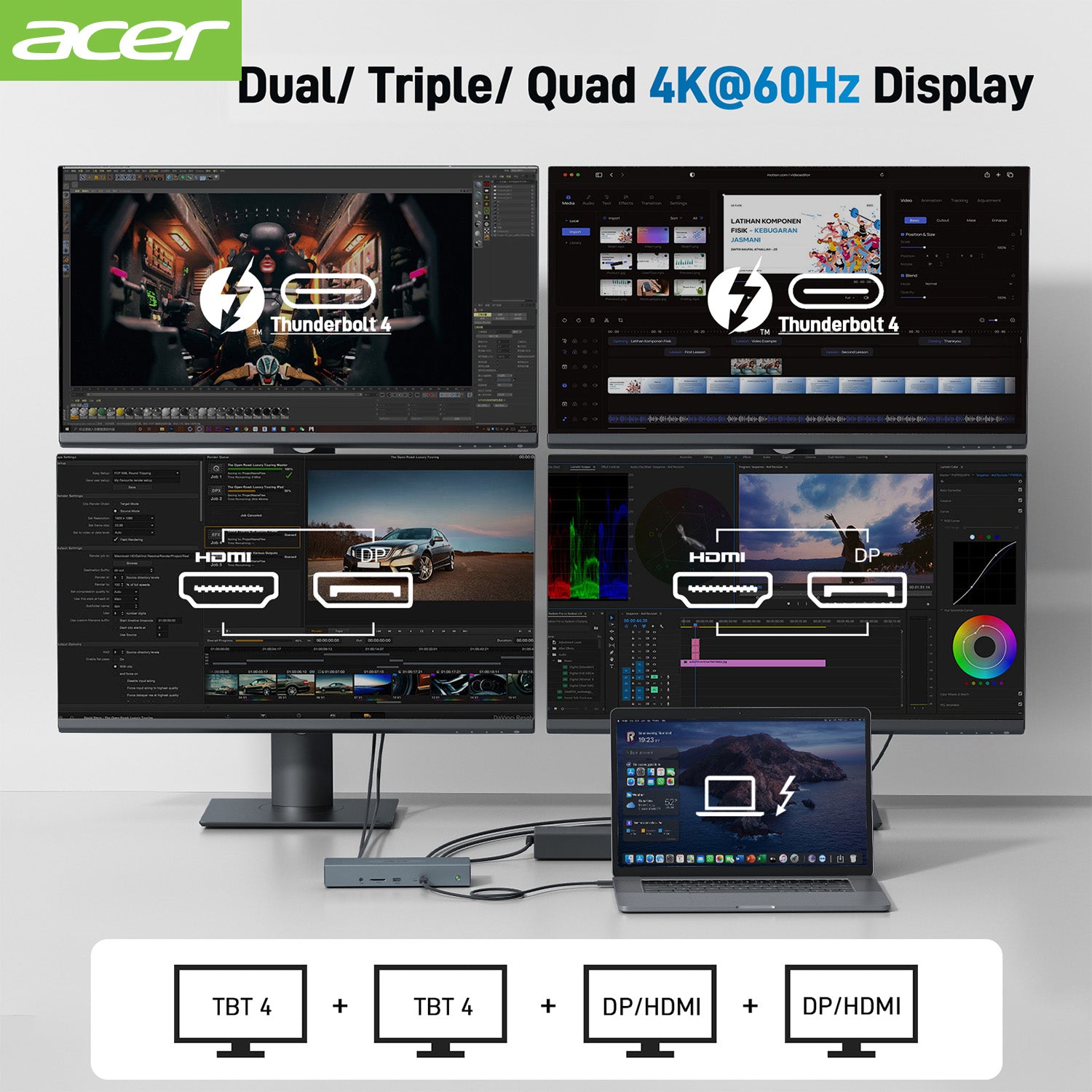 Acer Dock_option ODK490 Acer 16-in-1 Thunderbolt 4 Docking Station, 4K HDMI/DP*4, USB-C Host, USB-A Port(10Gbps)*2, USB-A Port(5Gbps)*2，160W Power, Thunderbolt 4 port*3 (40Gbps Data Transfer), 2.5Gbps Ethernet, Audio, SD card Slot