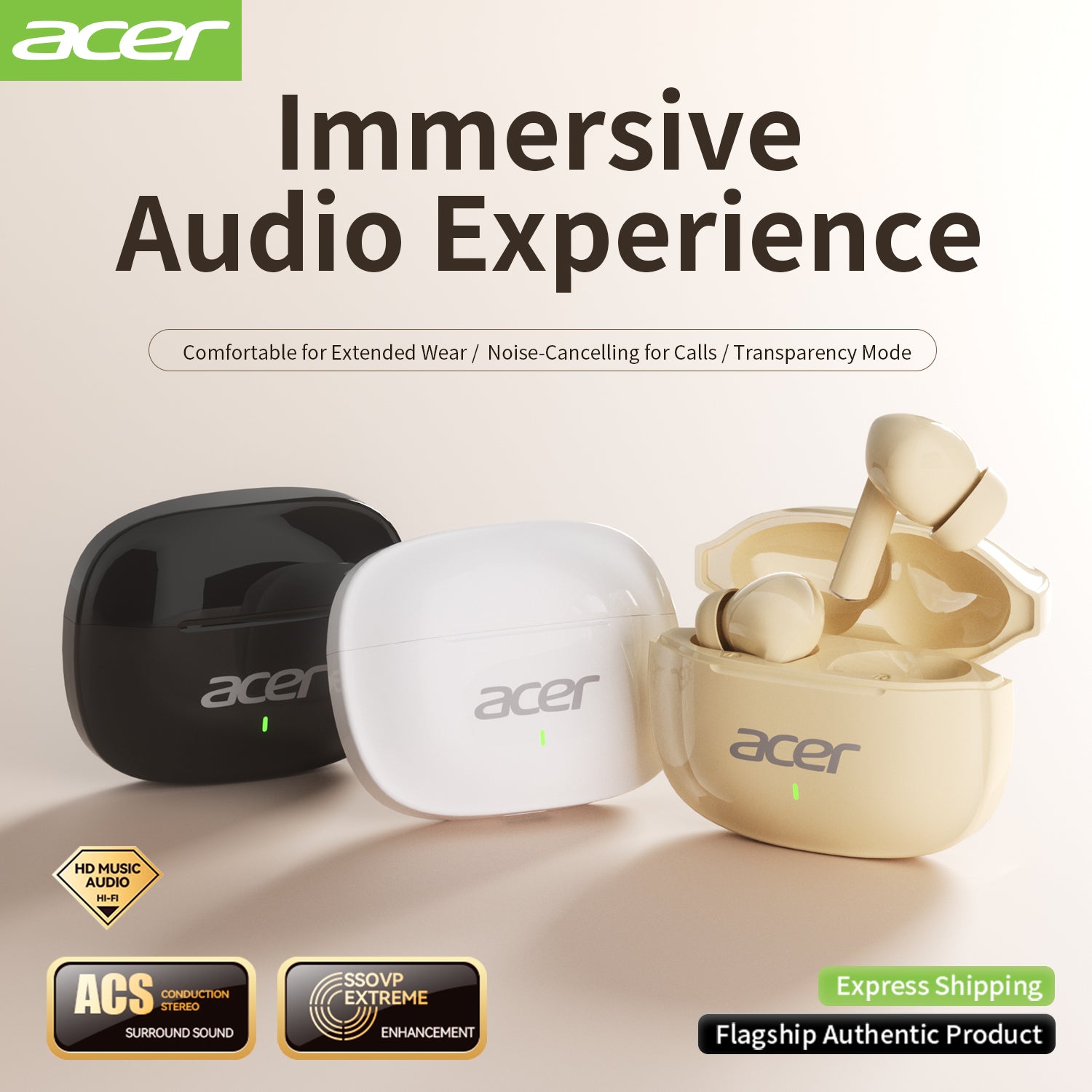 Acer OHR504 Bluetooth Wireless Earbuds Noise Cancellation Immersive Audio Experience Long Wear Without Pain