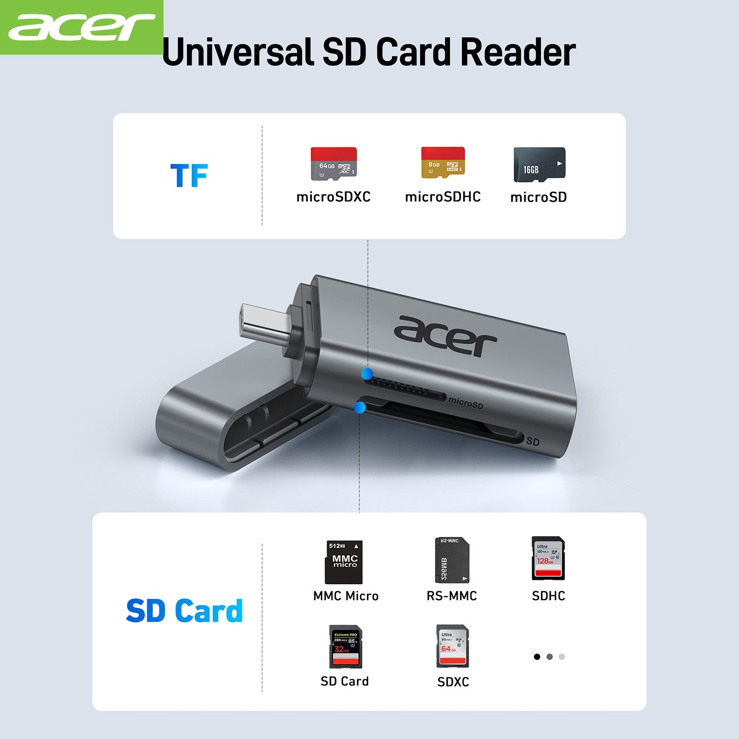 Acer Dock_option ODK460 Acer USB C SD 4.0 Card Reader, 2 in 1 UHS-II Micro SD Card Reader to Type C Adapter for MicroSD, SDXC, SDHC, RS-MMC Compatible with iPhone 15/16, MacBook Pro/Air, Laptop, Tablet